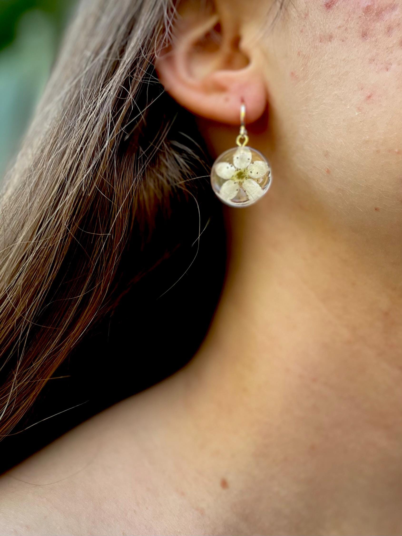 Cherry Blossom Resin Earrings: Gold Huggie Hoops, Real Flower Jewelry March Birth Flower