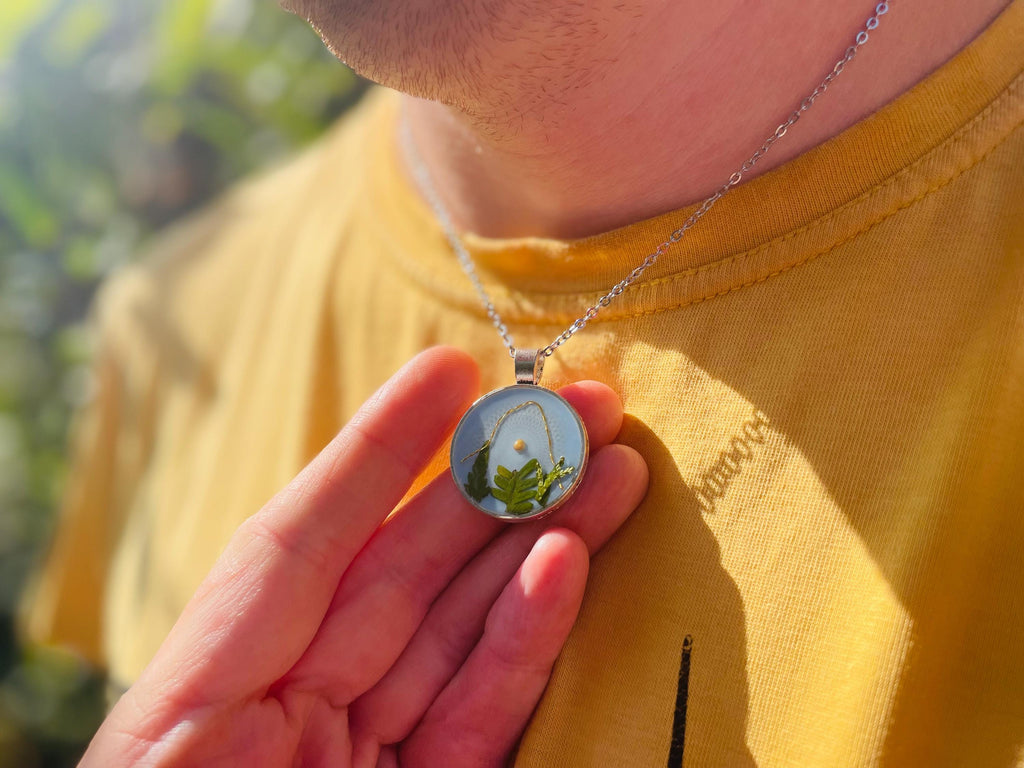 Mountains Fern Mustard Seeds Necklace: Sky Blue Faith Pendant