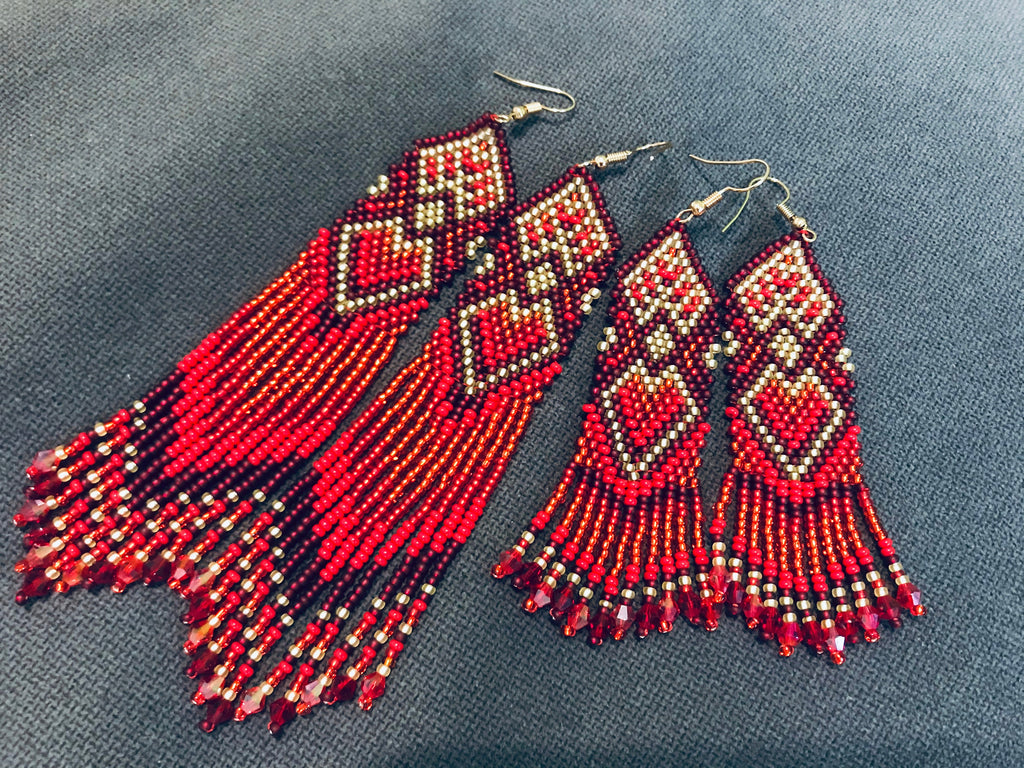 Heart earrings for women, Red gold Seed bead earrings, best friend gift, red Beaded earrings long, Native American style, Statement earrings