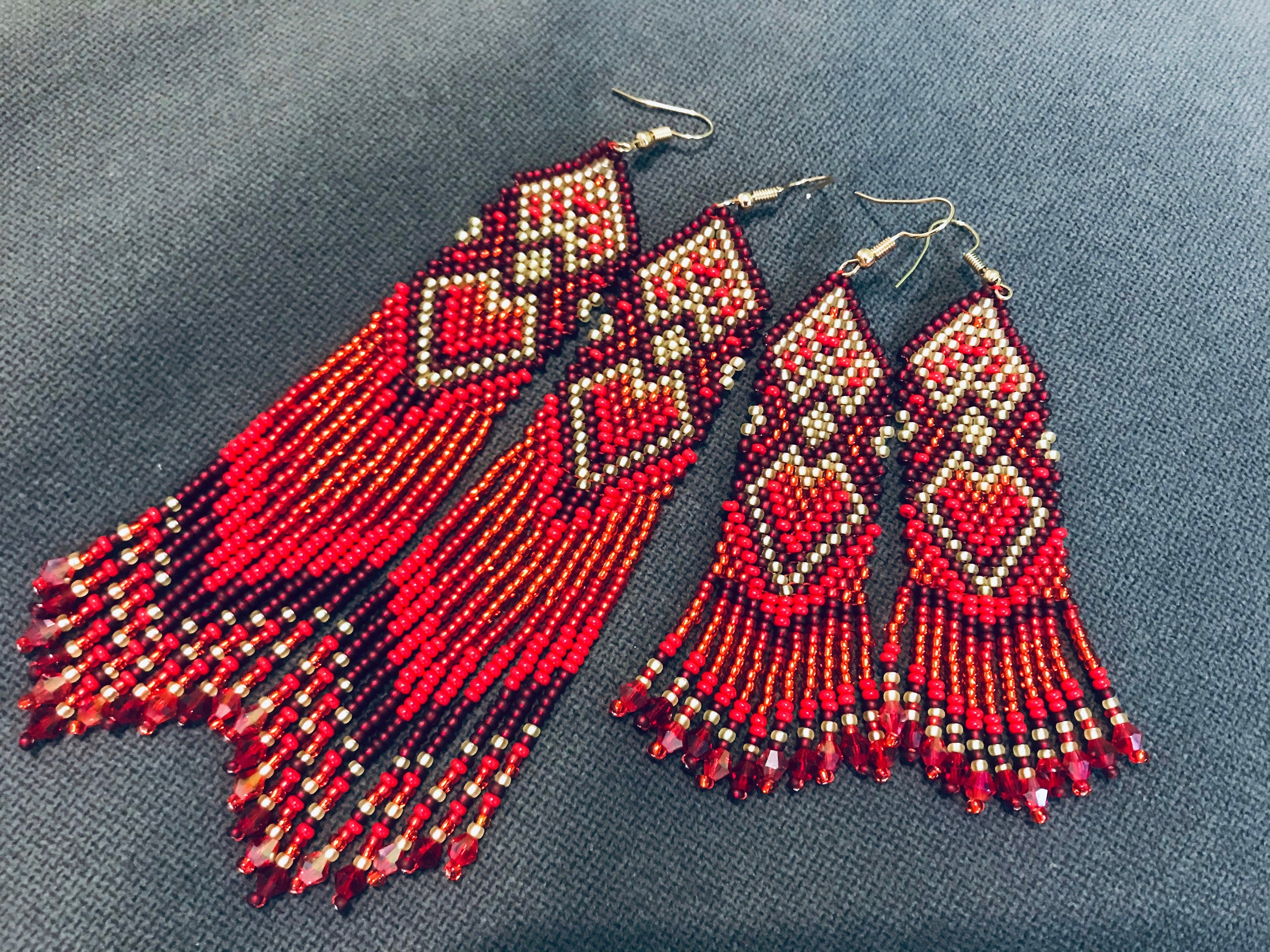 Heart earrings for women, Red gold Seed bead earrings, best friend gift, red Beaded earrings long, Native American style, Statement earrings