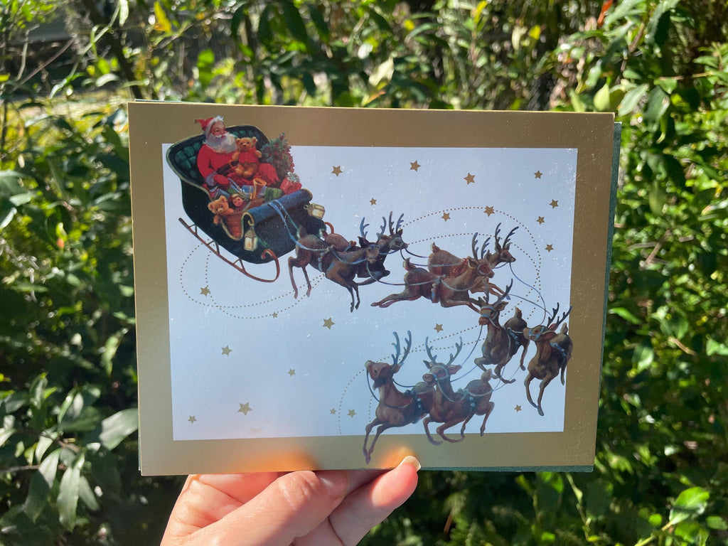 Antique Santa Bringing Presents Classic Holiday Card with Sleigh Reindeer Snowy Scene Christmas Cozy Winter Greeting Card Boxed Vintage