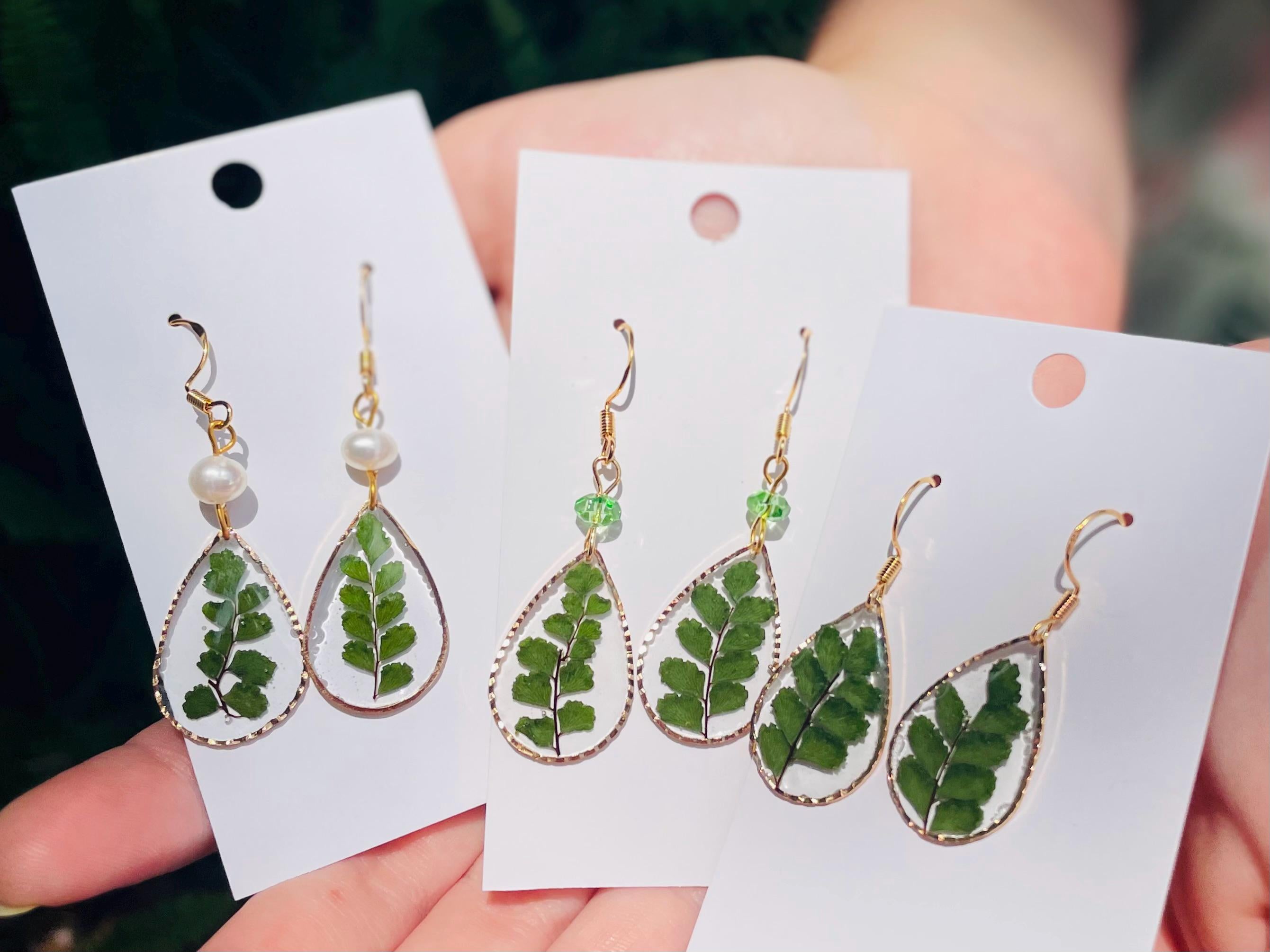Forest Fern Earrings Pearl Handmade Real Fern Earrings Transparent Real Leaf Earrings Dangle 14K gold jewelry boho Birthday gifts for her