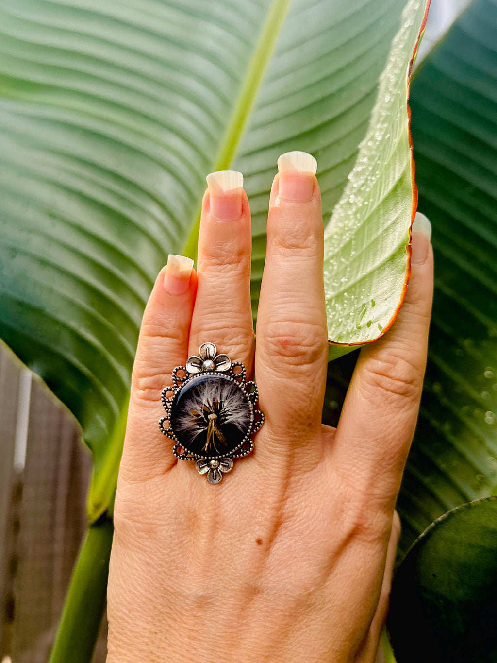 Antique Silver Dandelion Ring: Black Resin Flower Jewelry