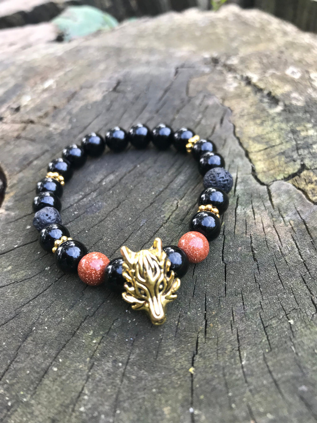 Christmas gift for him, black beaded bracelet with gold Wolf charm for men, lava diffuser bracelet anniversary present for boyfriend brother