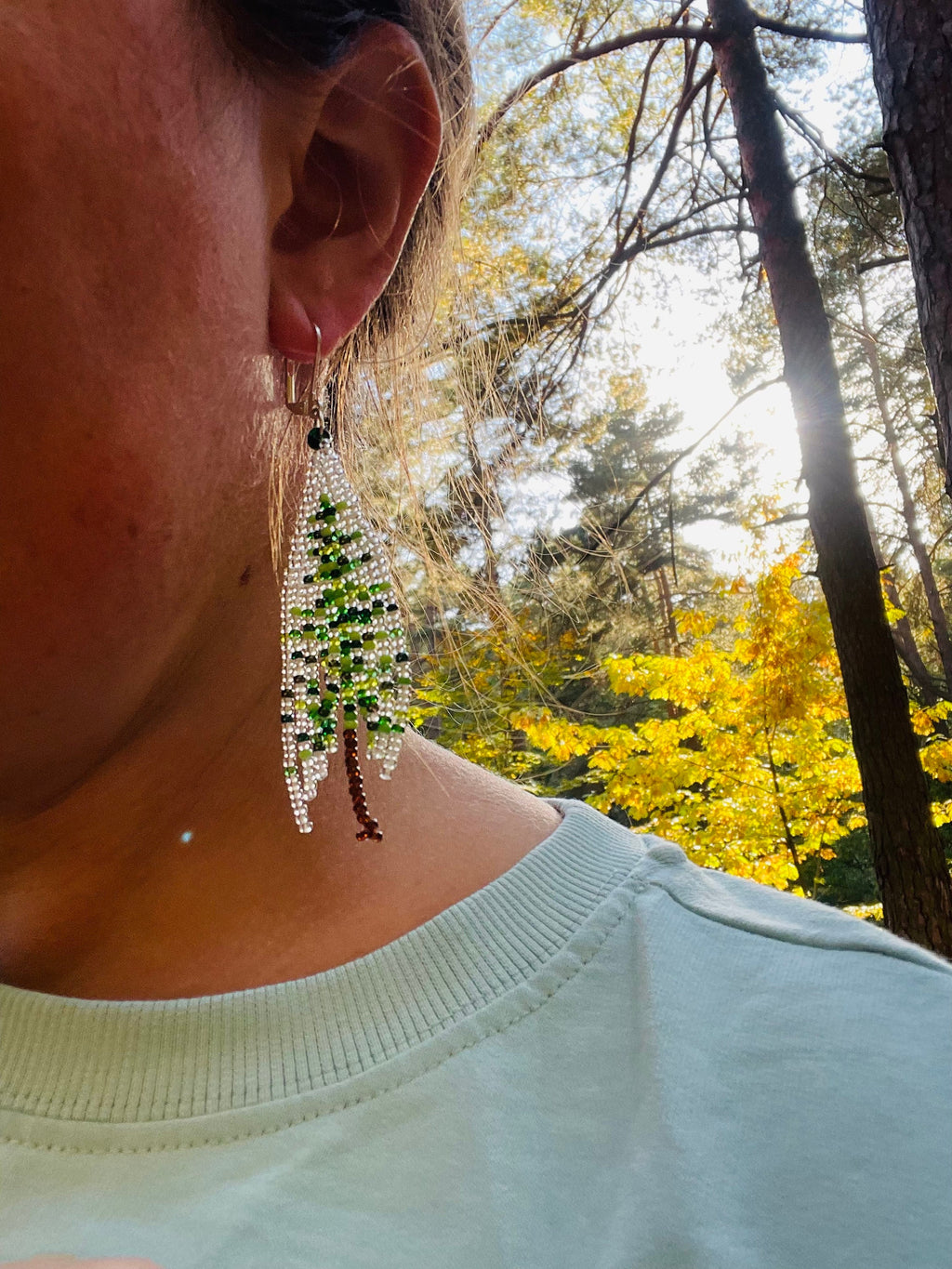 Christmas earrings dangle, Abstract Beaded Fringe earrings, Christmas tree seed bead earrings Green transparent Long earrings Boho Handmade