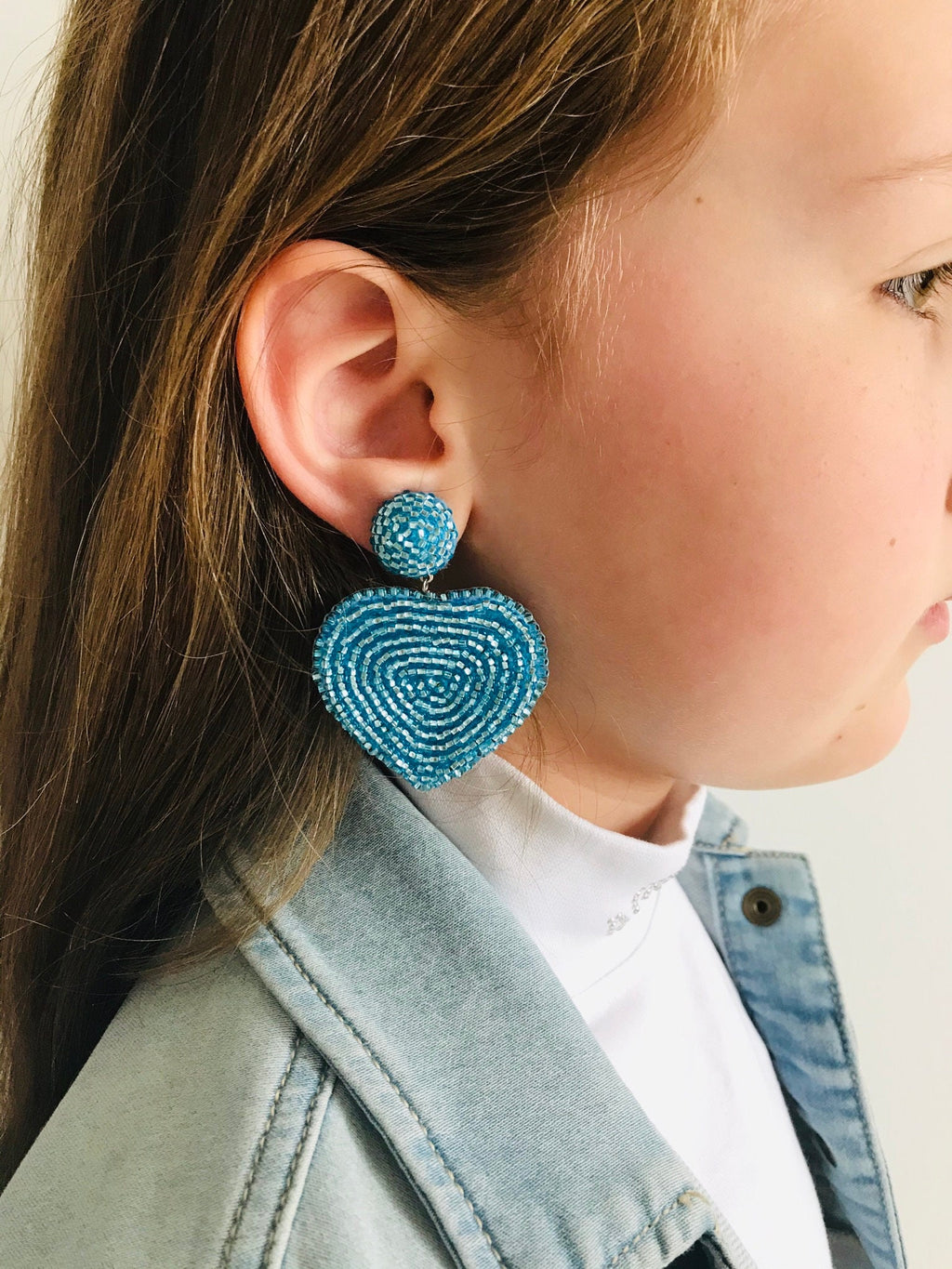 Earrings. Blue Heart earrings, dangle earrings, heart clip on earrings, Statement jewelry handmade, Valentine gift for her, heart embroidery