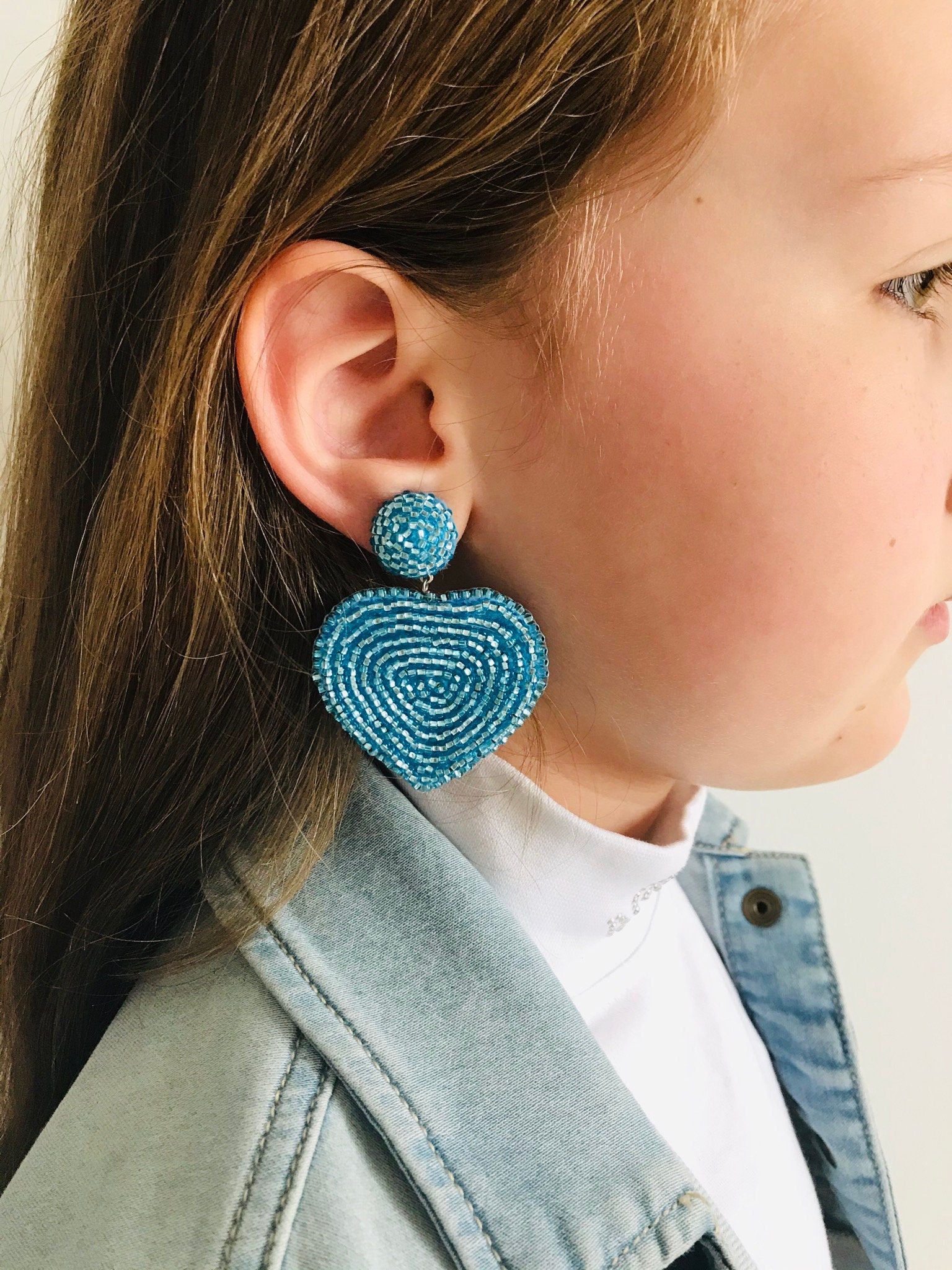 Earrings. Blue Heart earrings, dangle earrings, heart clip on earrings, Statement jewelry handmade, Valentine gift for her, heart embroidery