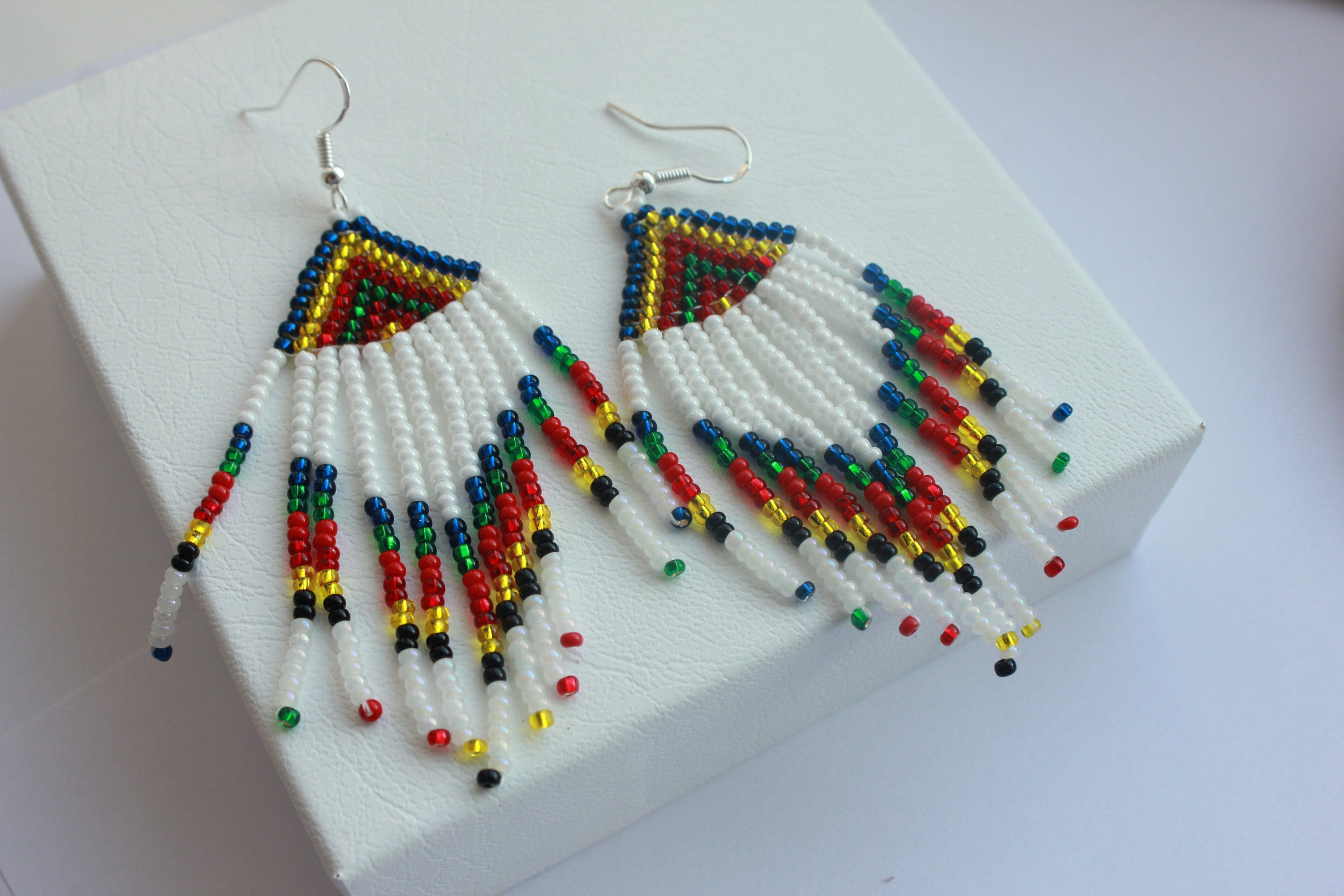 Dangle earrings Rainbow seed bead tassel earrings, beaded earrings, Long fringe Beaded Gypsy colorful dangles, native American jewelry women