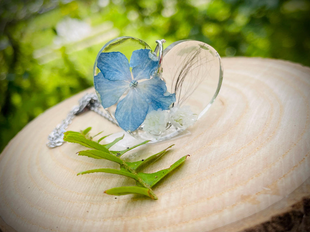 Pet Hair Keepsake Necklace Pendant: Dried Hydrangea Flower, Pet Loss Memorial