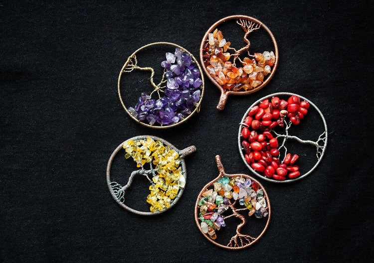 Unique tree of life birthstone necklace pendant for women Raw crystal wire wrapped jewelry Gemstone charm necklace personalized father gift