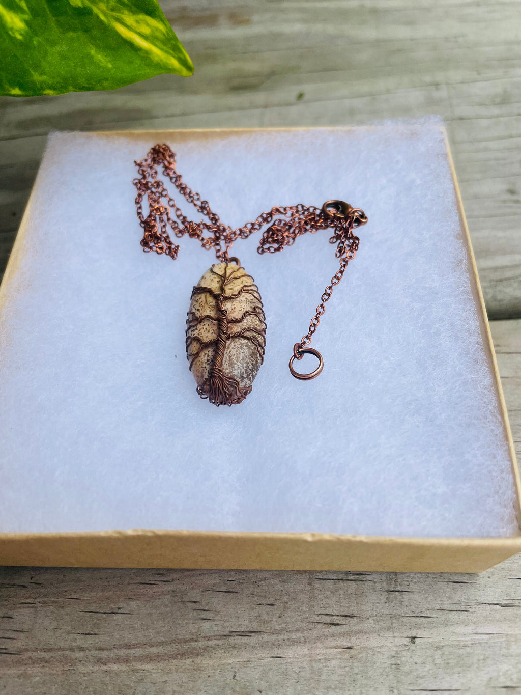 Dainty Copper Wire Wrapped Tree of Life Pendant Oval - Unique Picture Jasper Necklace for Men & Women
