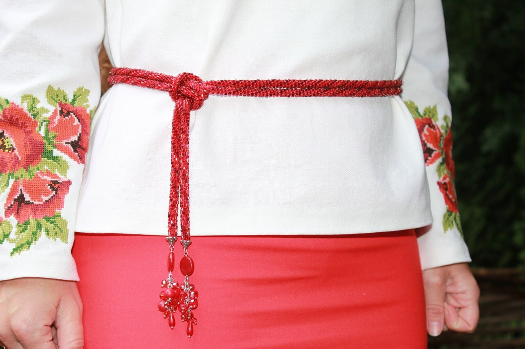 Christmas Ruby red Bead necklace, Beaded Layered Necklace Choker Gift For Her, Crochet Rope belt, Bohemian jewelry crystal lariat for wife