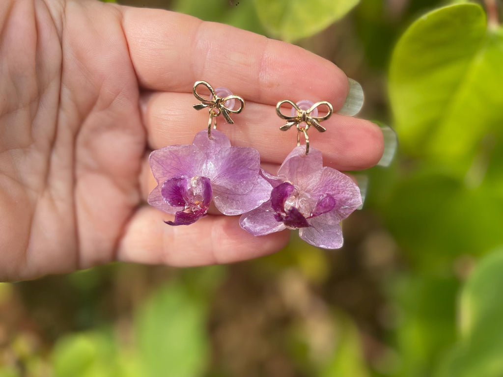 Real Orchid Earrings: Gold Bow Earrings Resin, Unique Purple Wedding Bridal Jewelry Galentine