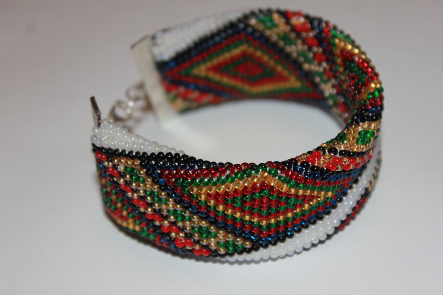 Ethnic Folk Ukrainian beaded bracelet, Slavic Babushka Ornament Modern Chic Boho bangle, Classic Timeless Geometric Design, Ukrainian seller