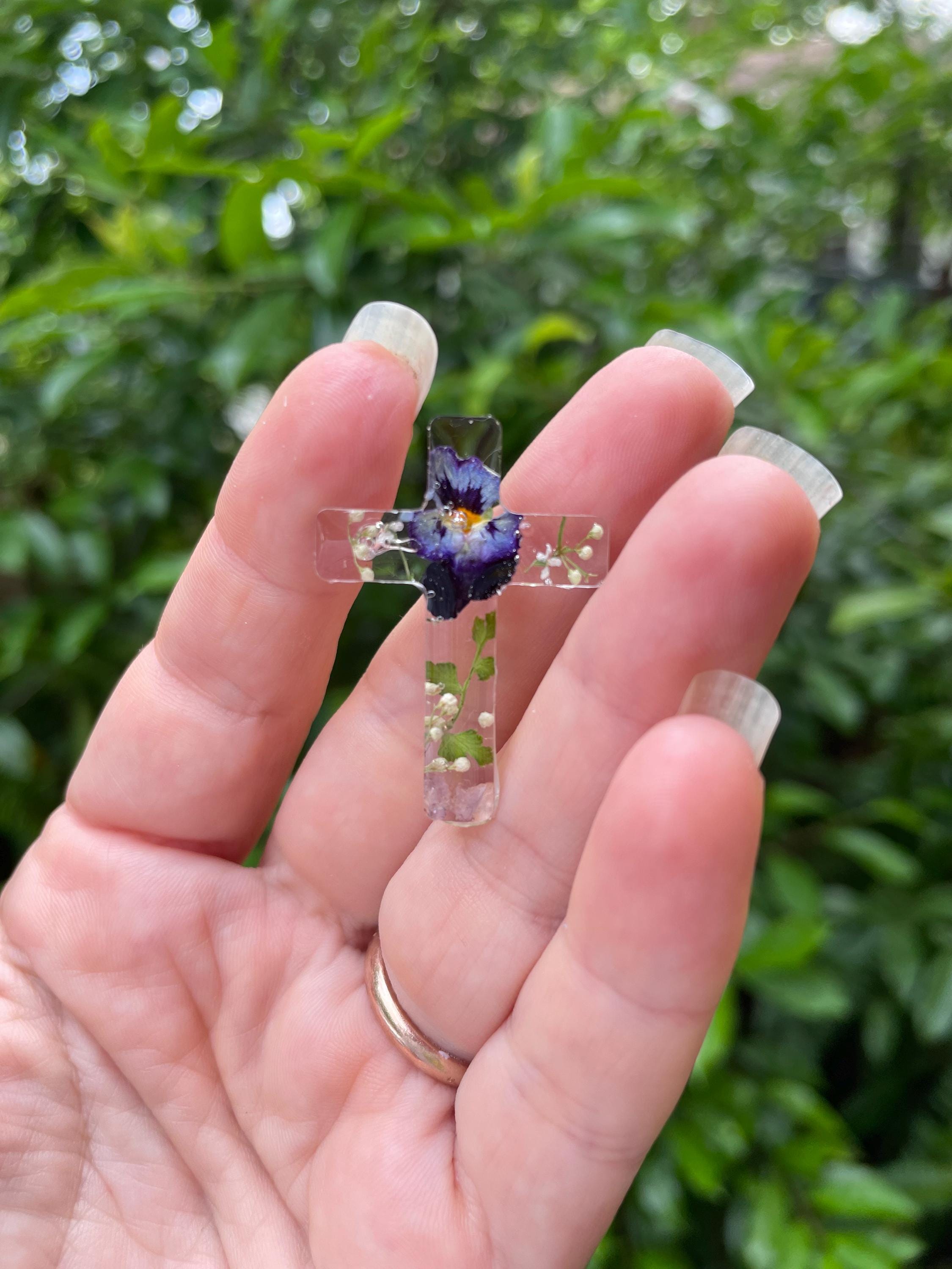Personalized Violet Flower Cross Necklace - February Birth Flower Resin Pendant Jewelry custom Birthstone