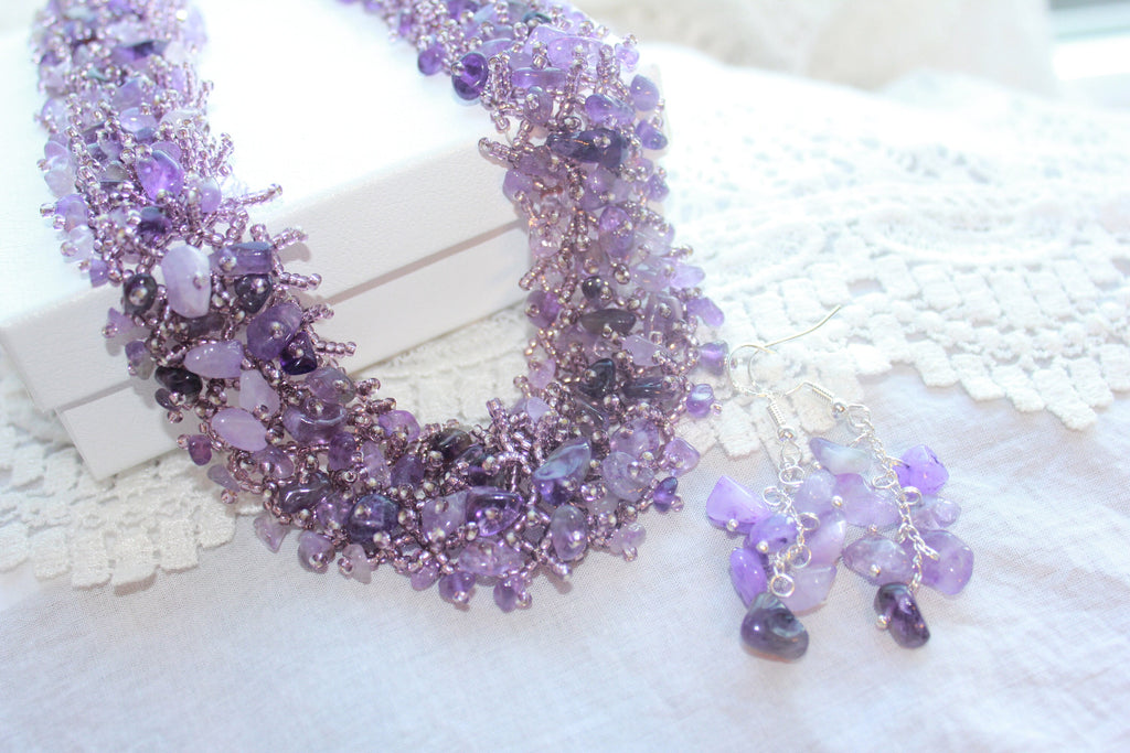 Amethyst Multi Strand Necklace Bead Woven: Beaded Purple Choker Collar, February Birthstone