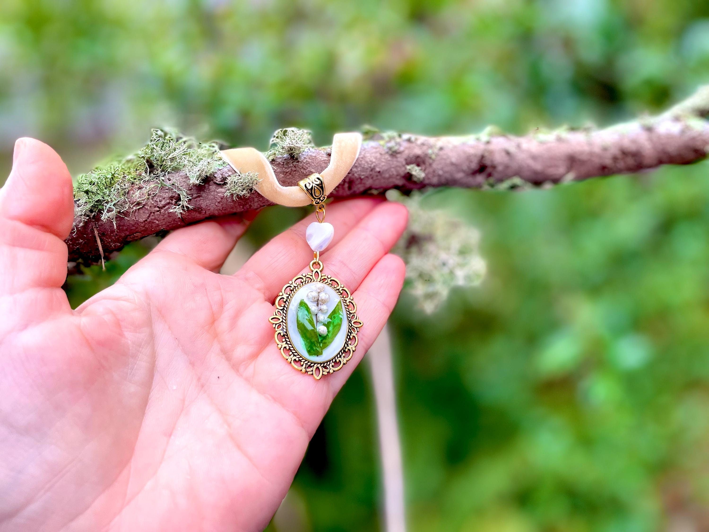 Lily of the Valley Necklace: Real Flower Pendant, Mother of Pearl Heart, Velvet Ribbon