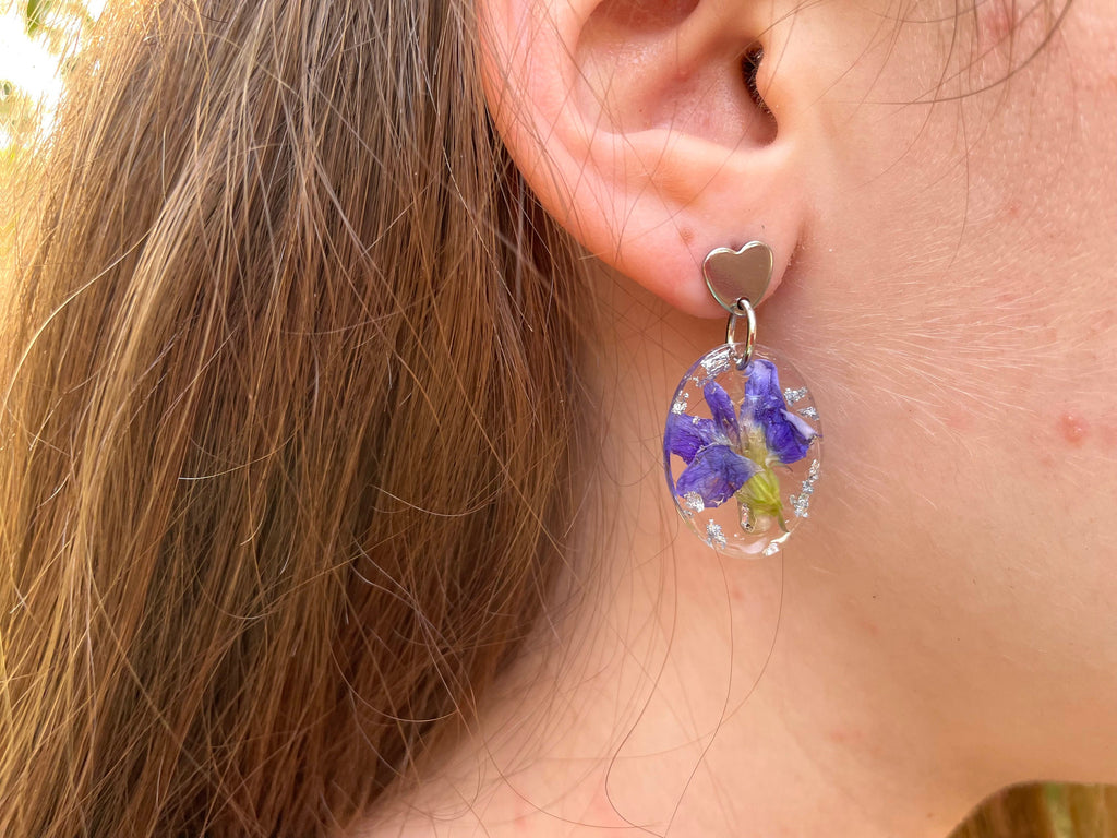 Real Iris Flower Earrings: February Birth Flower, Sterling Silver