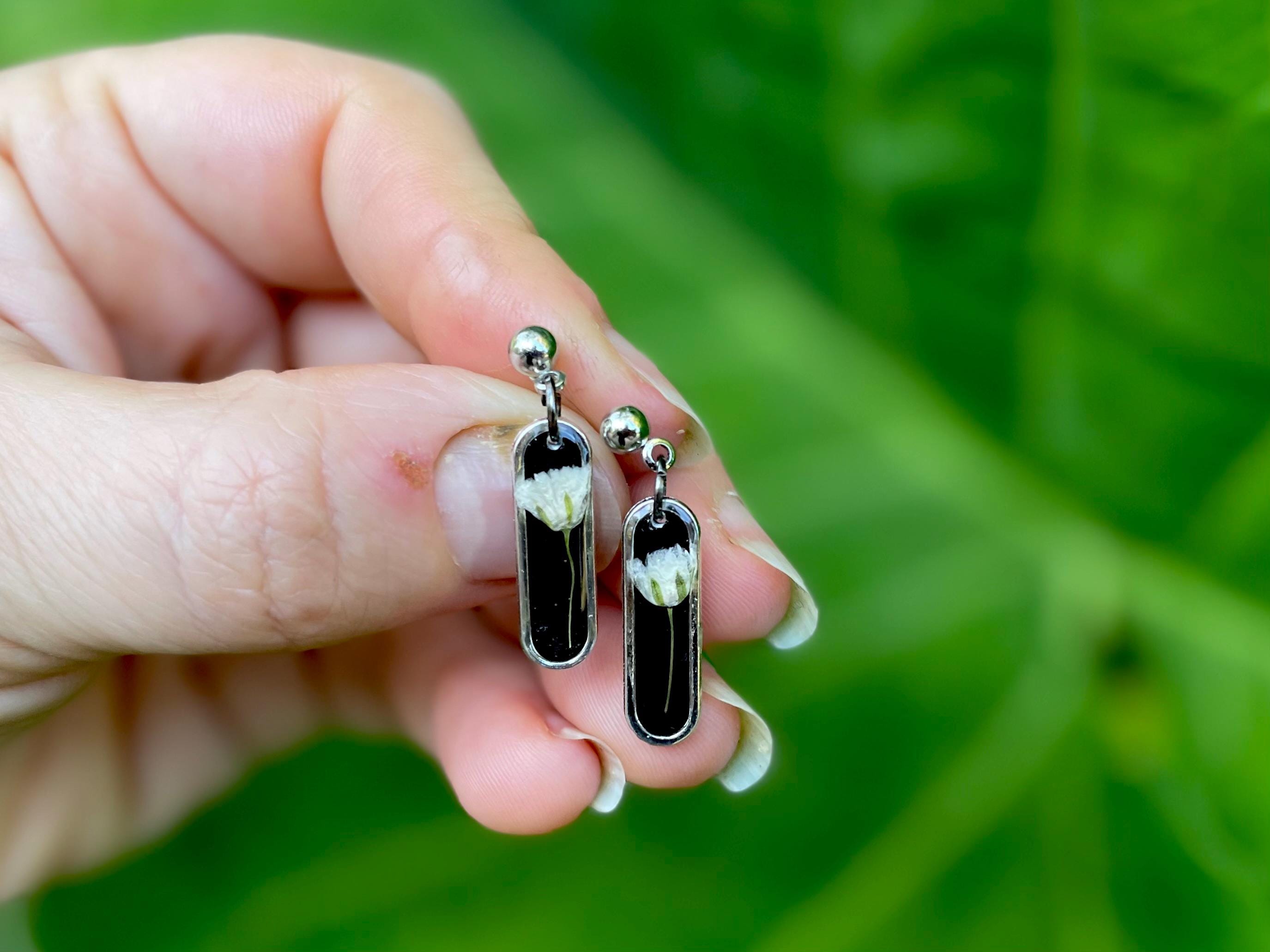 Black Floral Earrings Post: Baby Breath Pressed Flower Jewelry Minimalist Resin