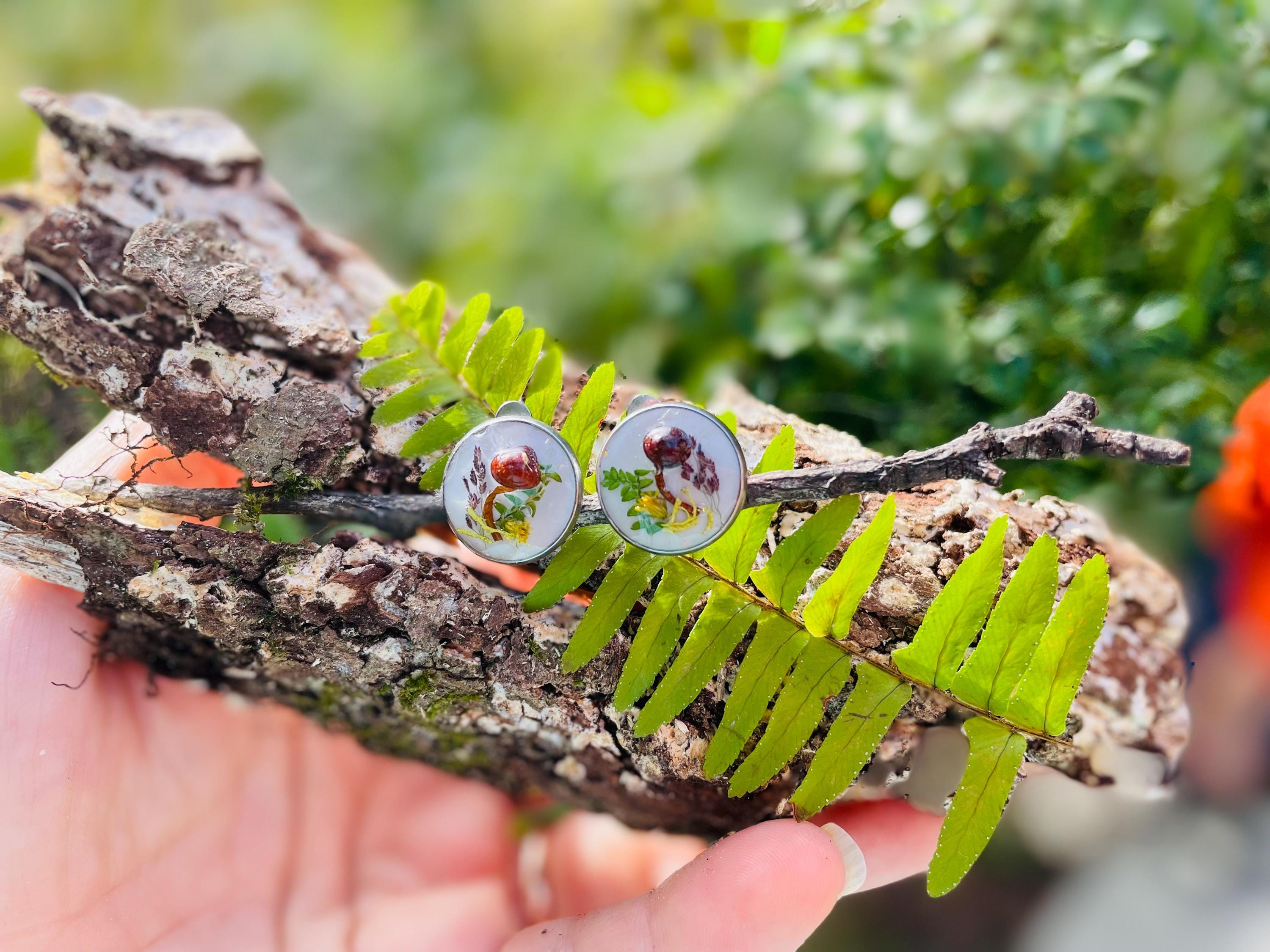 Mushroom Earrings Stud/Clip on: Real Moss and Fern, Sterling Silver, Botanical Jewelry