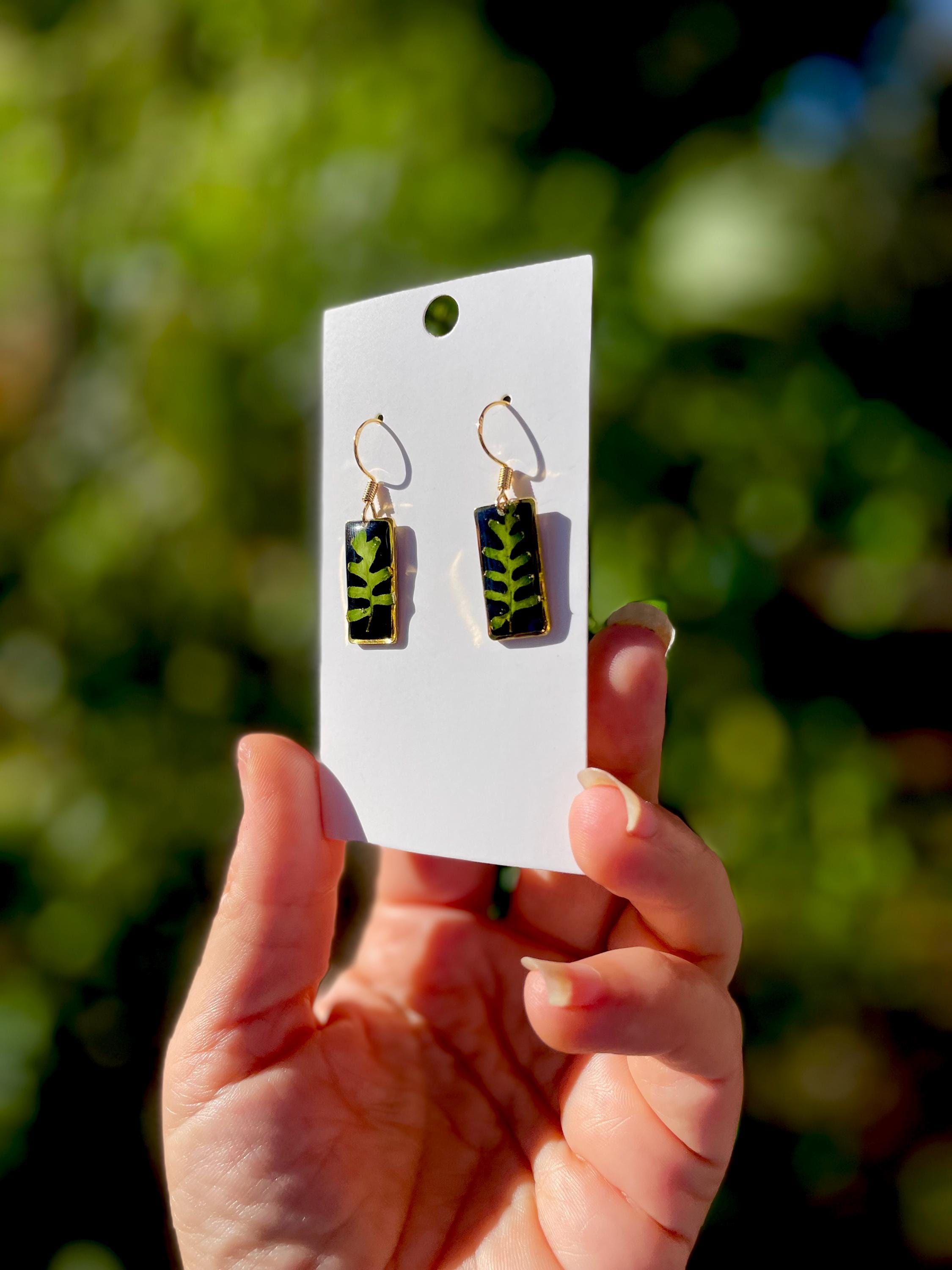 Black Rectangular Resin Fern Dangle Earrings: Gold Nature Inspired Plant Jewelry