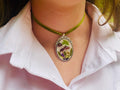 Green Velvet Choker Real Mushroom Flower Acorn Nature Necklace Boho Woodland Wedding Cameo Necklace Moss Green Green Academia Whimsical gift