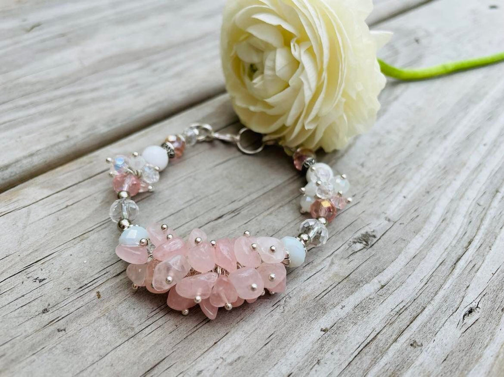 Raw Crystal Cluster Rose Quartz Bracelet Silver: Personalized Custom Birthstone Bridesmaid Jewelry Statement