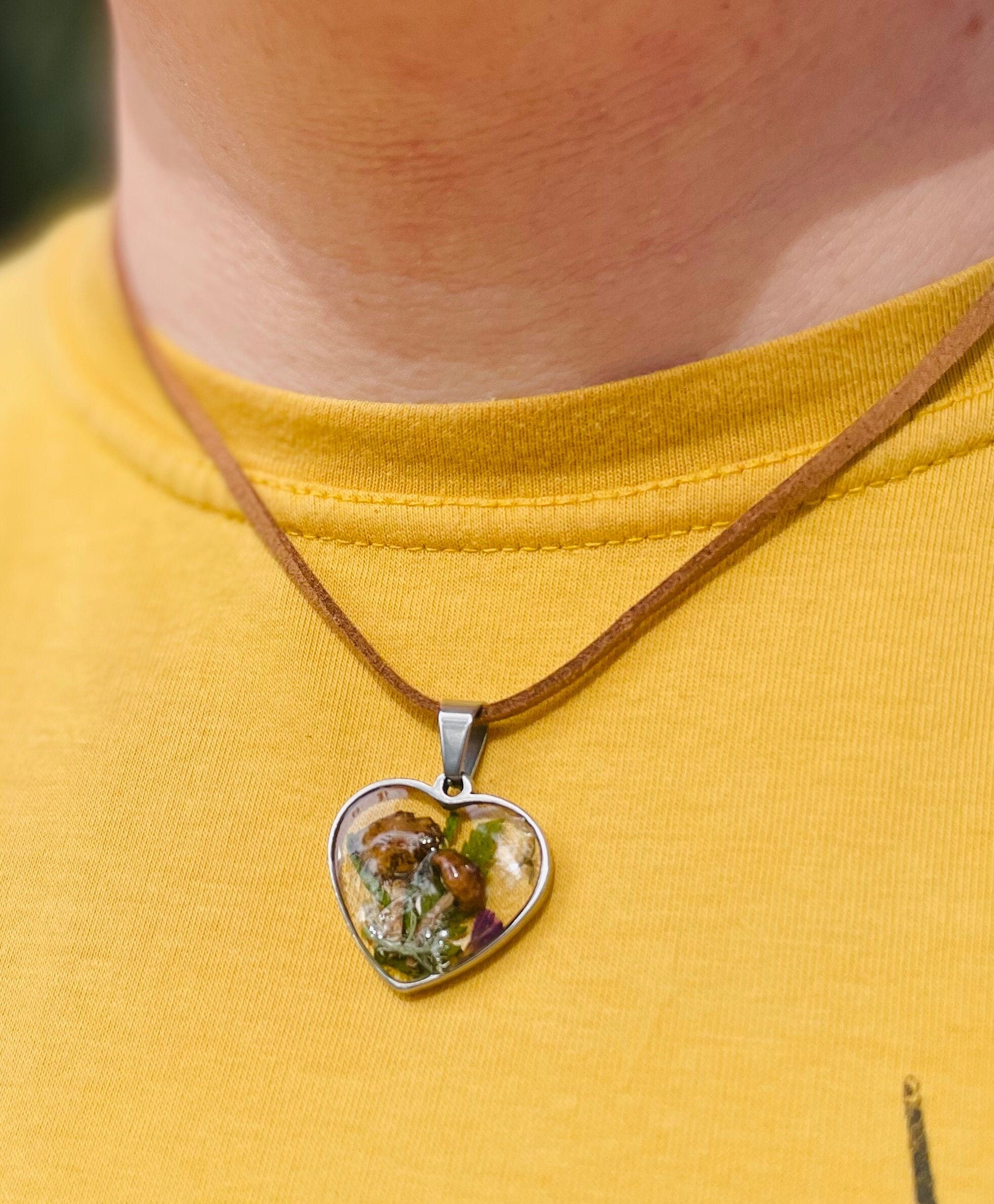 Real mushroom necklace heart shaped, Moss resin terrarium necklace valentines gift for him her Cottagecore Magic forest jewelry Nature lover