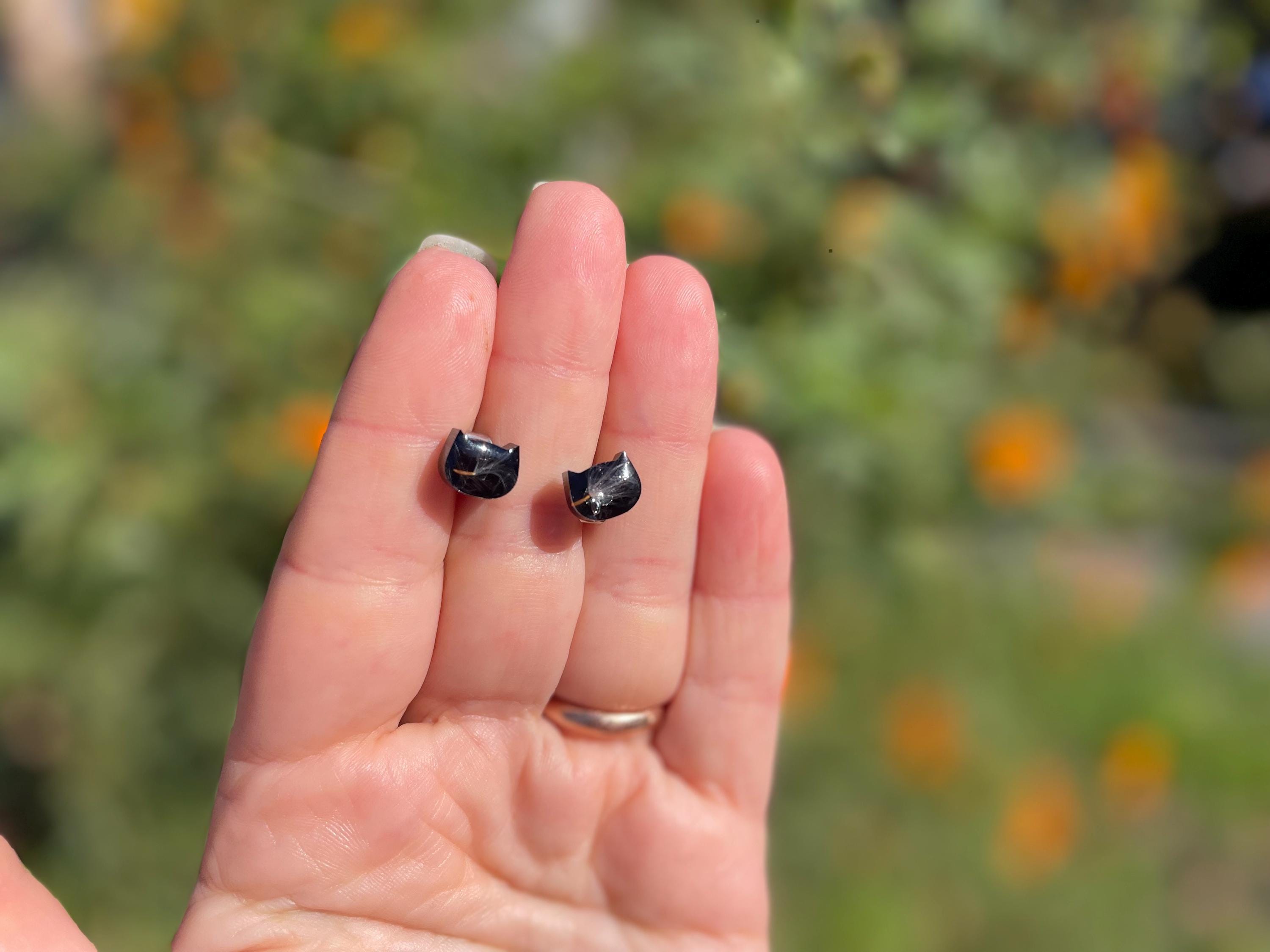 Black Cat Halloween Stud Earrings for Women Men: Dainty Gothic Hypoallergenic Pressed Flower Jewelry