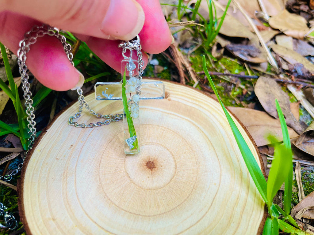 Pressed Flower Cross Necklace: August Birth Flower Gladiolus, Personalized Initial