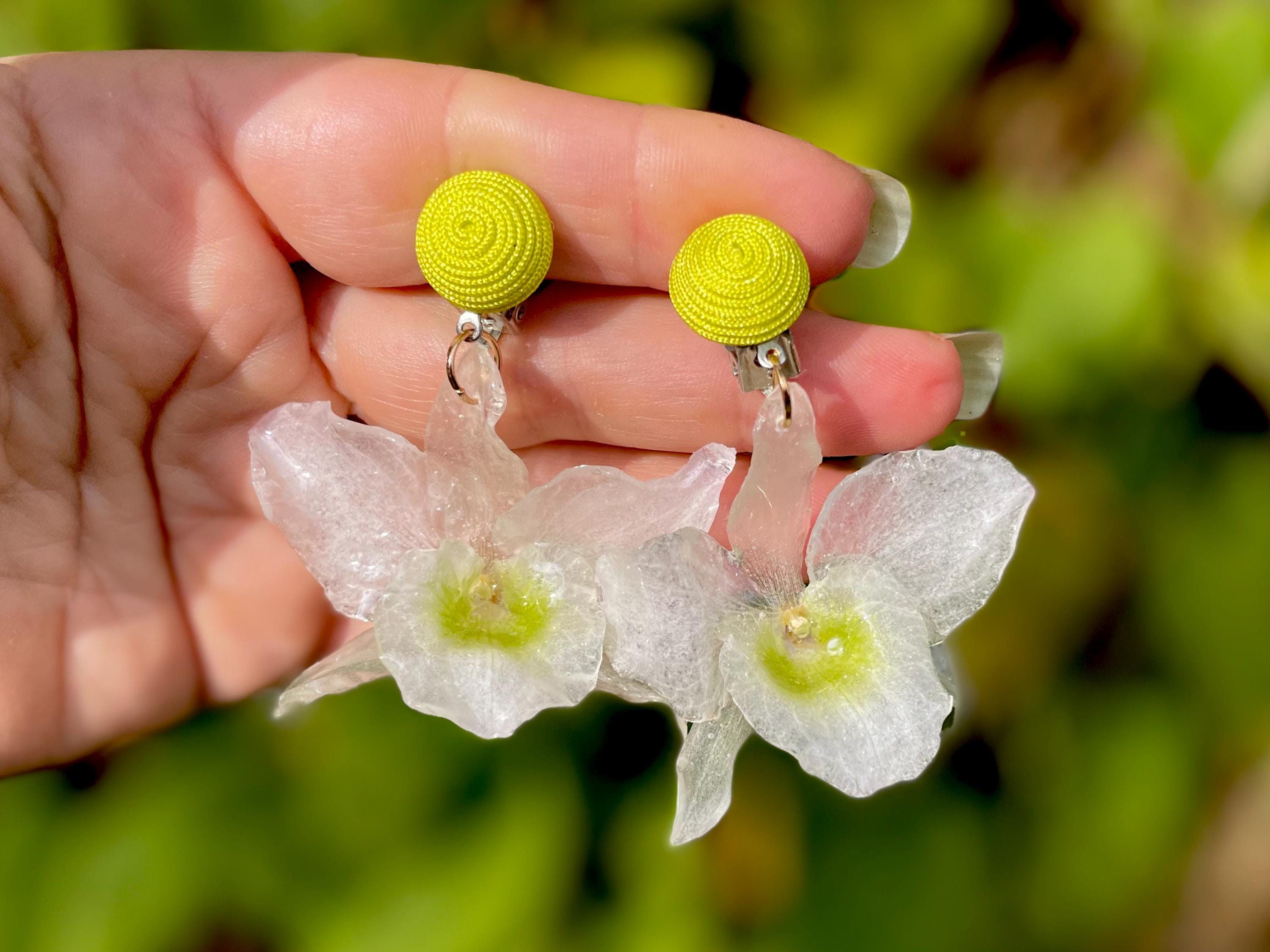 Real Orchid Clip-On Earrings | Unique White & Chartreuse Floral Dangles | Resin Jewelry Gift for her