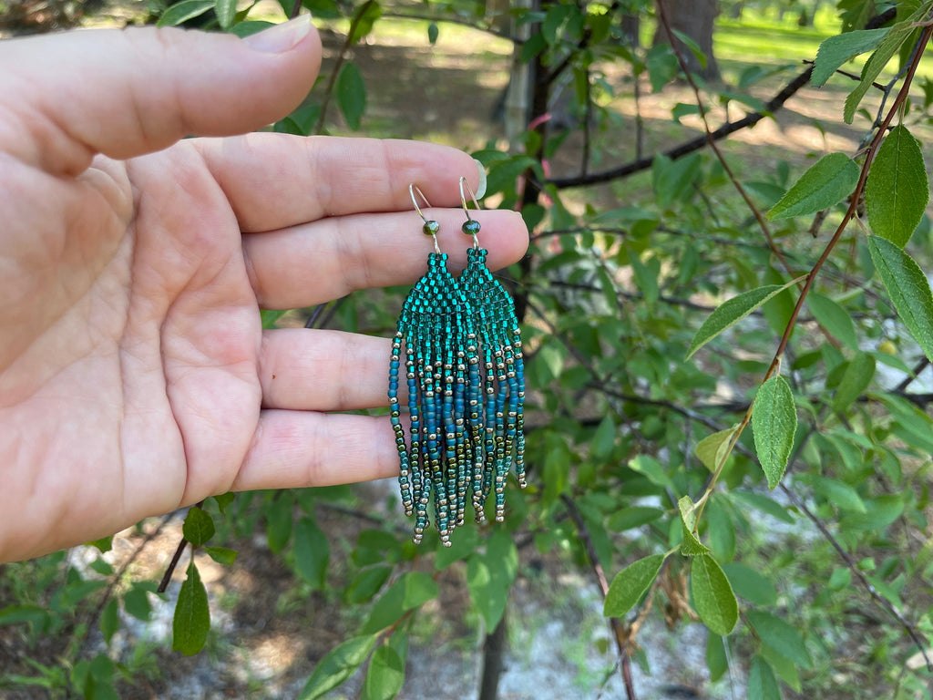 Sterling silver emerald green beaded earrings, Long earrings dangle, Fringe earrings Native American Seed bead earrings, Chandelier earrings