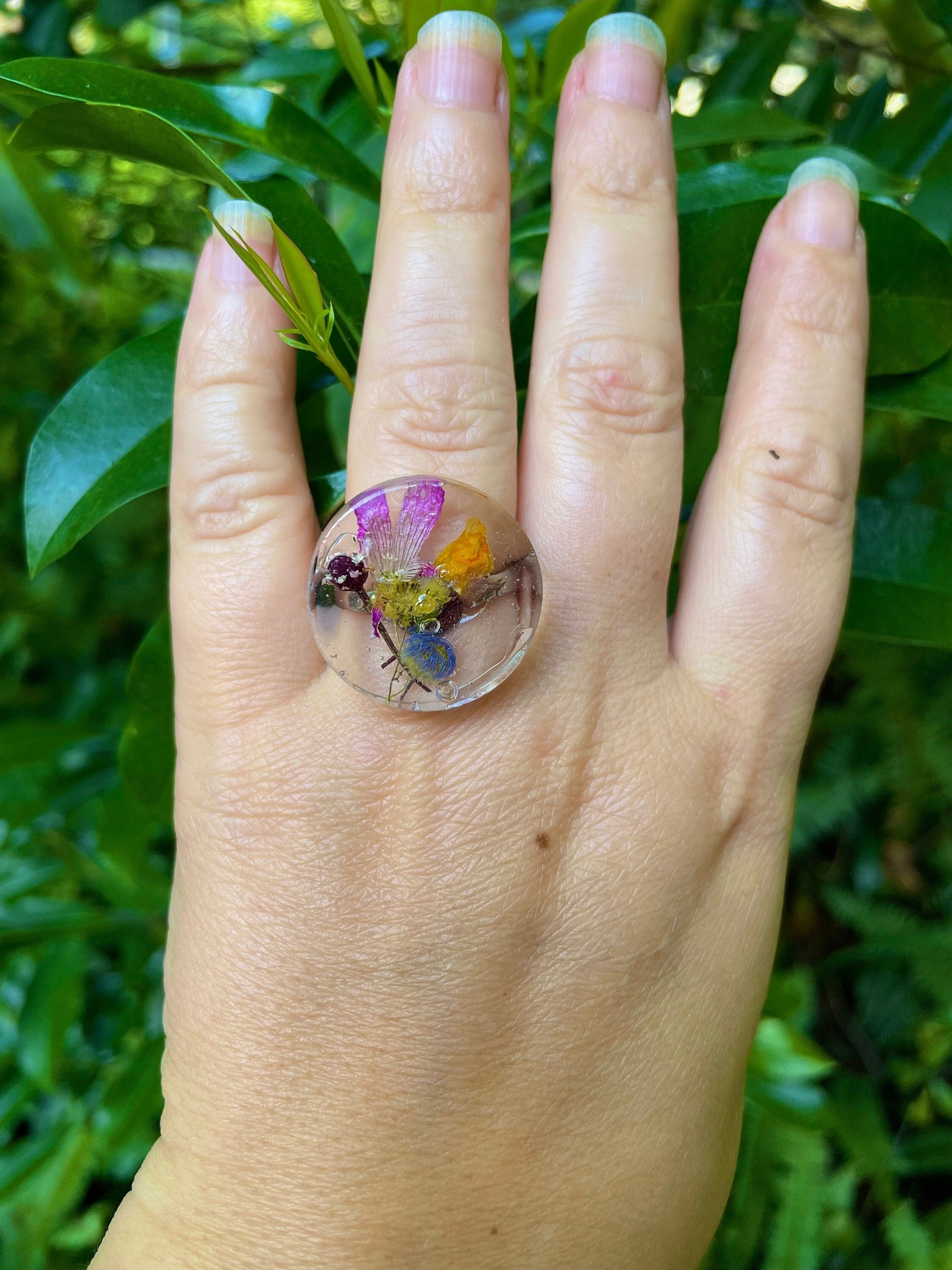 Custom Birth Flower Ring: Resin Wildflower Bouquet, Stainless Steel