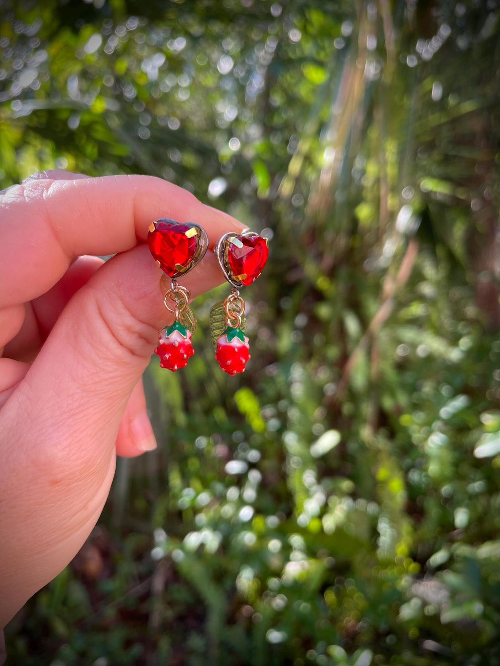 Strawberry Heart Dangle Earrings: Enamel Berry Handmade Jewelry