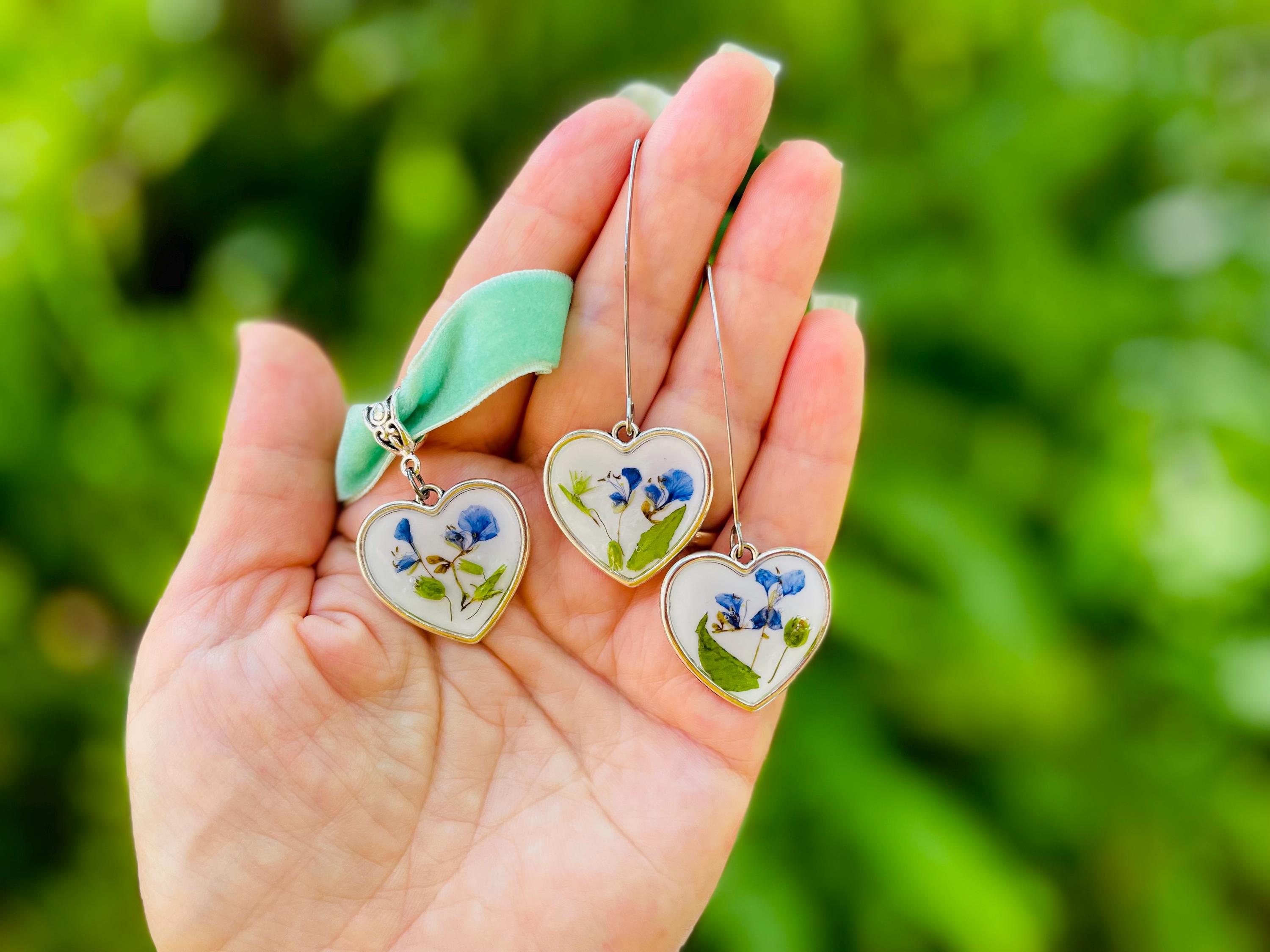 Handmade Victorian Heart Cameo Choker Collar: Sage Green Velvet Ribbon, Pressed Flowers Galentine