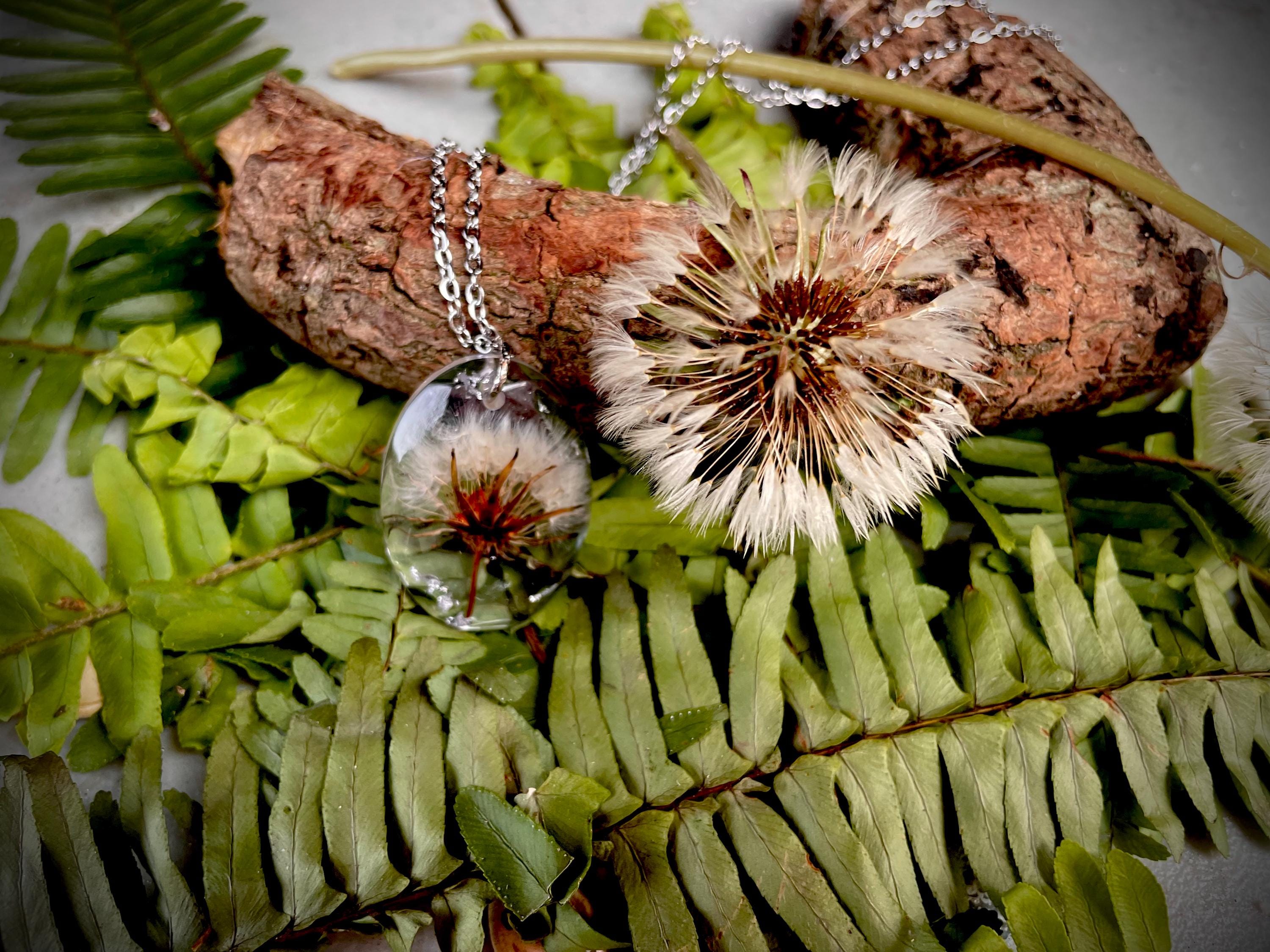 Custom Birthstone Dandelion Necklace: Resin Boho March Birth Month Flower Jewelry