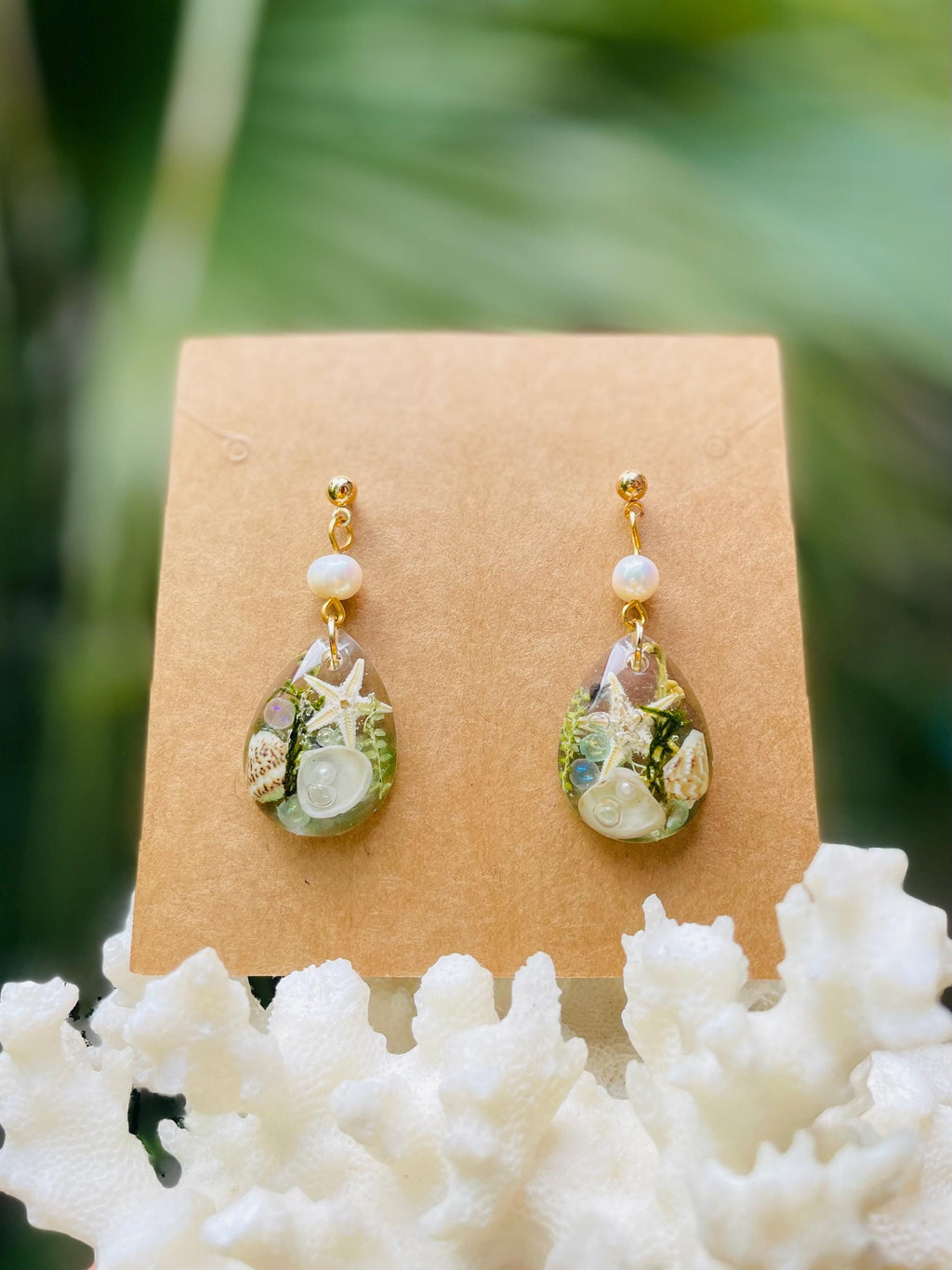 Real Starfish Resin Dangle Earrings: Seashell Pearl Ocean Jewelry