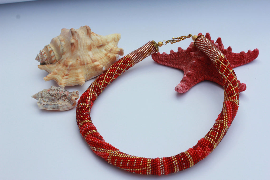 Birthday gift for her, red necklace, beaded choker, patchwork necklace, girlfriend birthday present, bridesmaid necklace, handmade jewelry