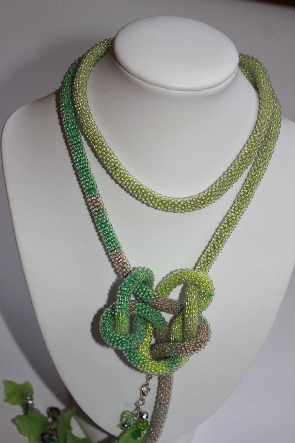Layered Ombre Green and Silver Lariat Necklace for Women Extra Long: Tassel Seed Bead Crochet Jewelry