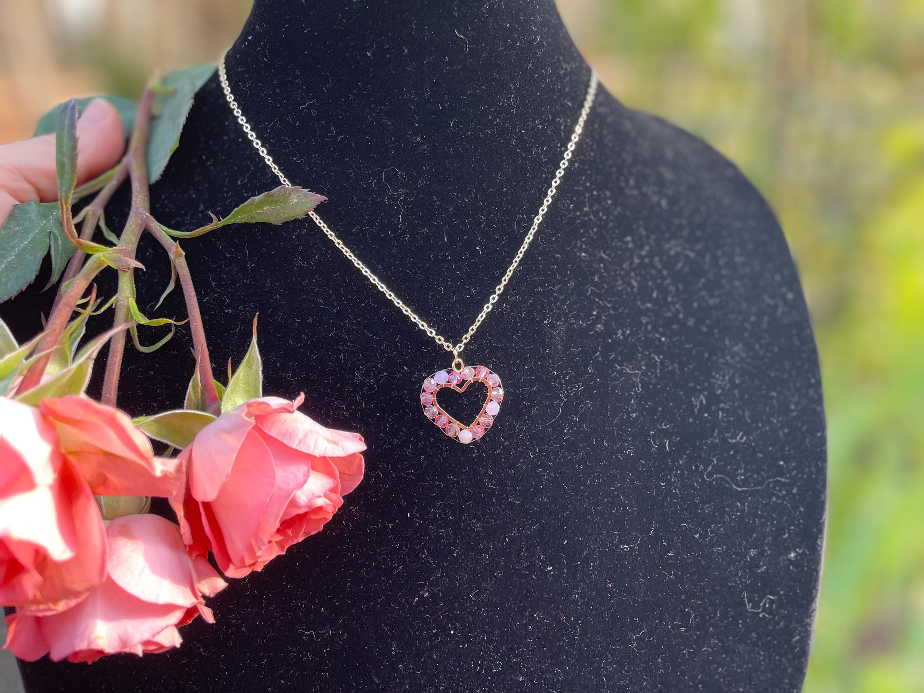 Ruby Red Heart Necklace: Gold Layered Chain, Beaded Handmade Jewelry