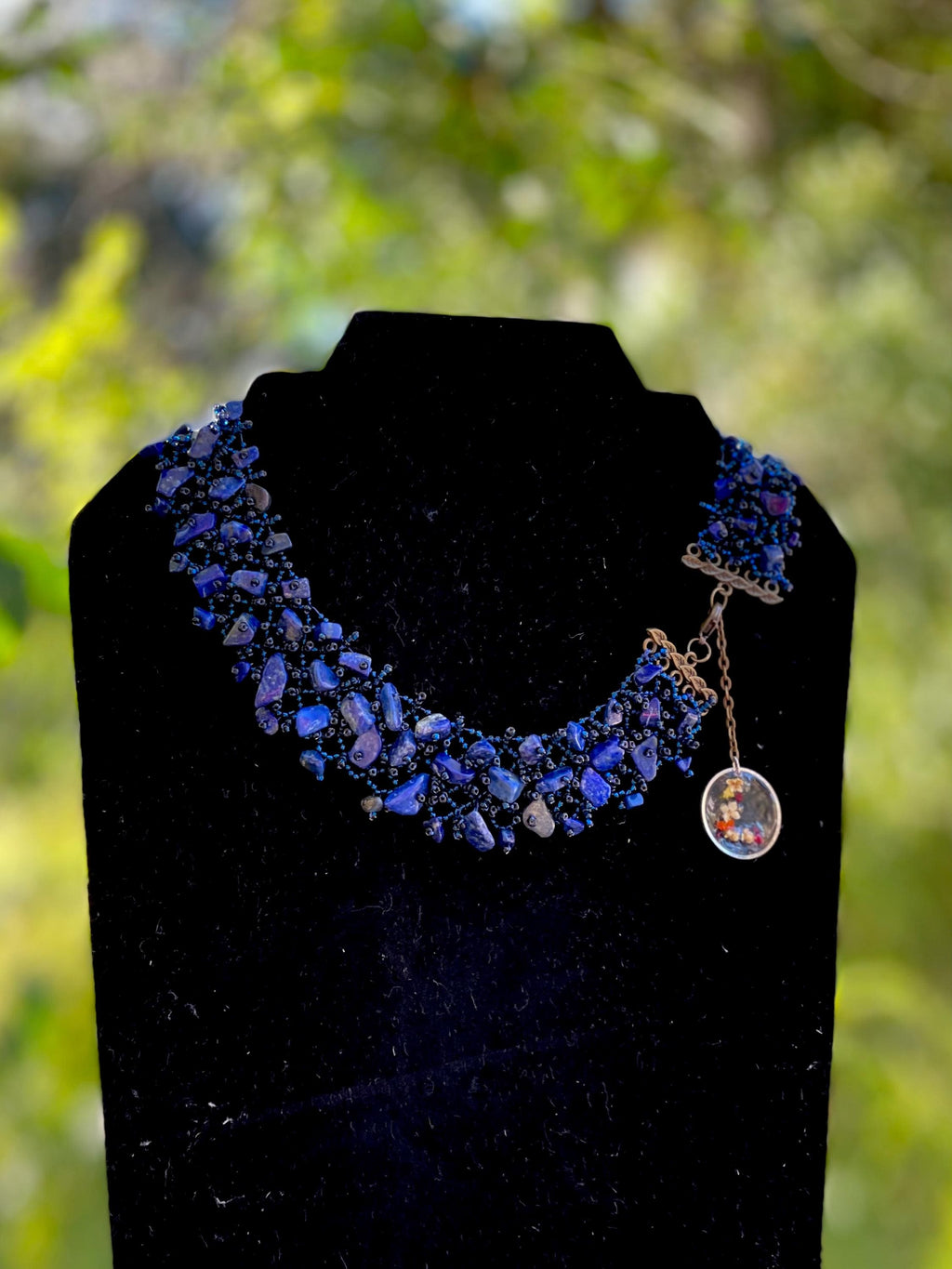 Lapis Lazuli Necklace Collar Choker: Personalized Pressed Flower Initial Charm, September Birthstone
