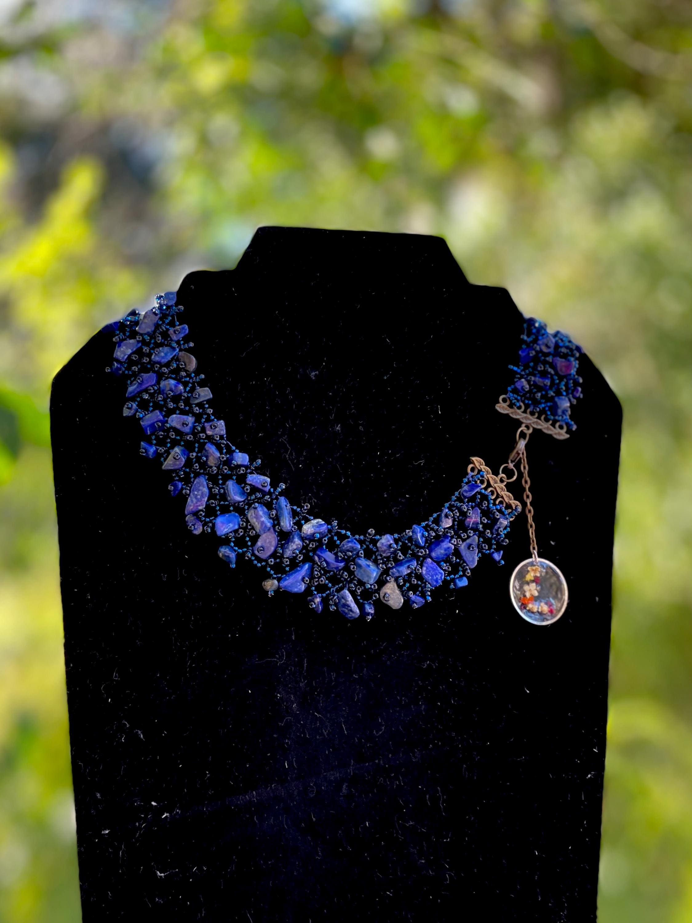 Lapis Lazuli Necklace Collar Choker: Personalized Pressed Flower Initial Charm, September Birthstone