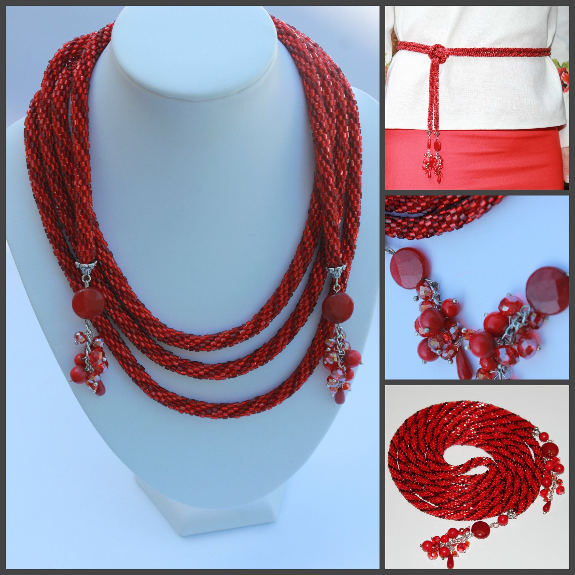 Christmas Ruby red Bead necklace, Beaded Layered Necklace Choker Gift For Her, Crochet Rope belt, Bohemian jewelry crystal lariat for wife