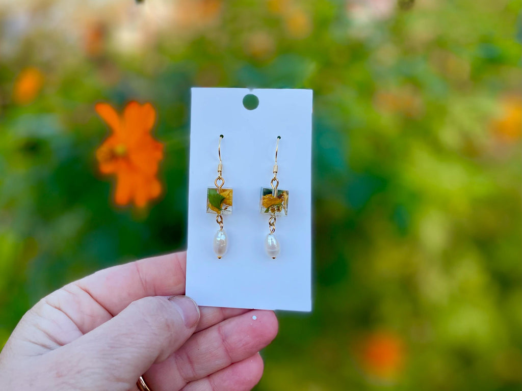 Pearl Sunflower Earrings: Gold Flower Petal Jewelry, Personalized Birthstone