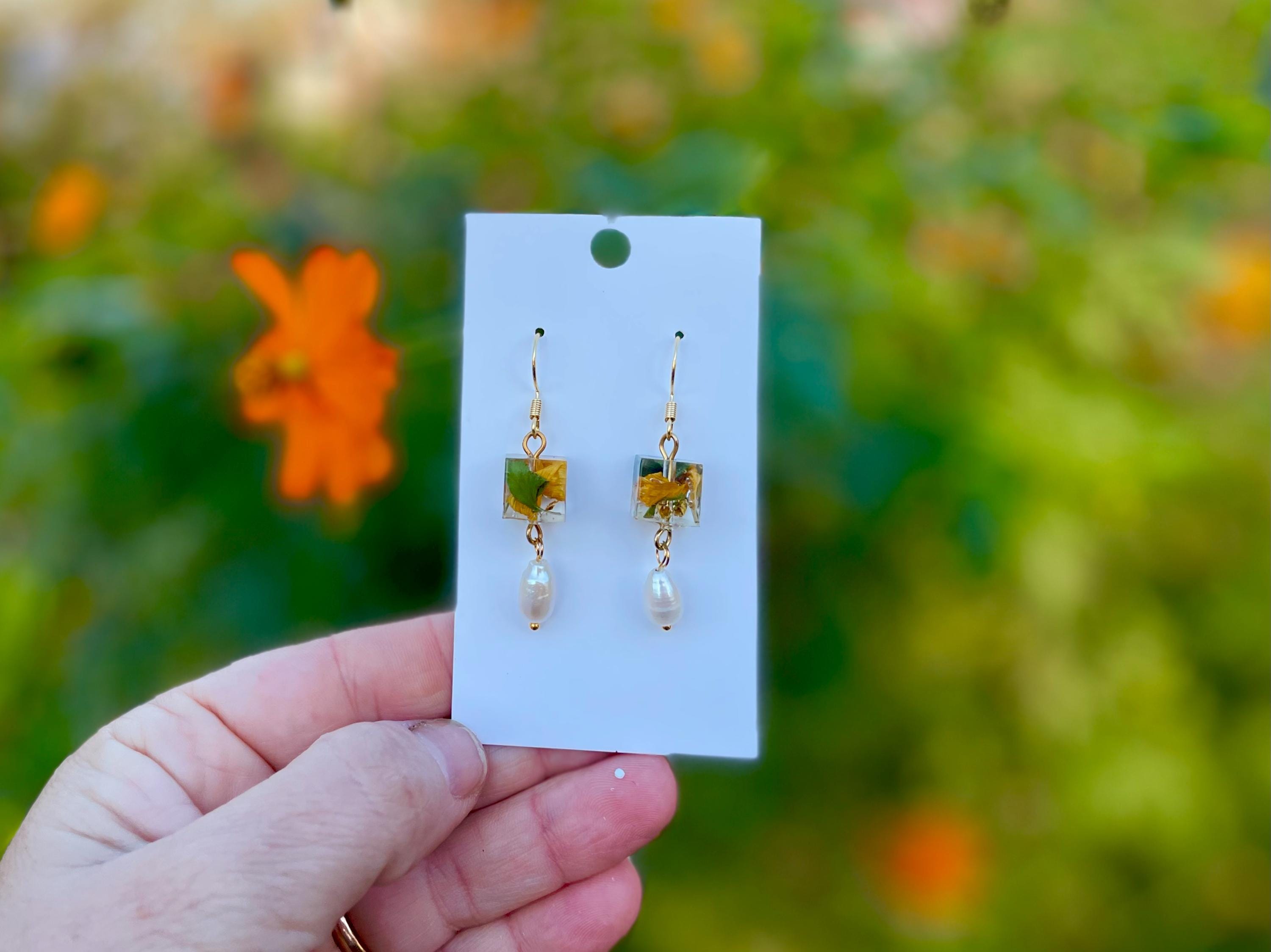 Pearl Sunflower Earrings: Gold Flower Petal Jewelry, Personalized Birthstone