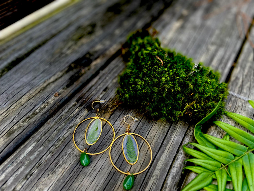 Gold Green Fern Hoop Christmas Earrings: Clip-On/Post Options | Tree-Inspired Design