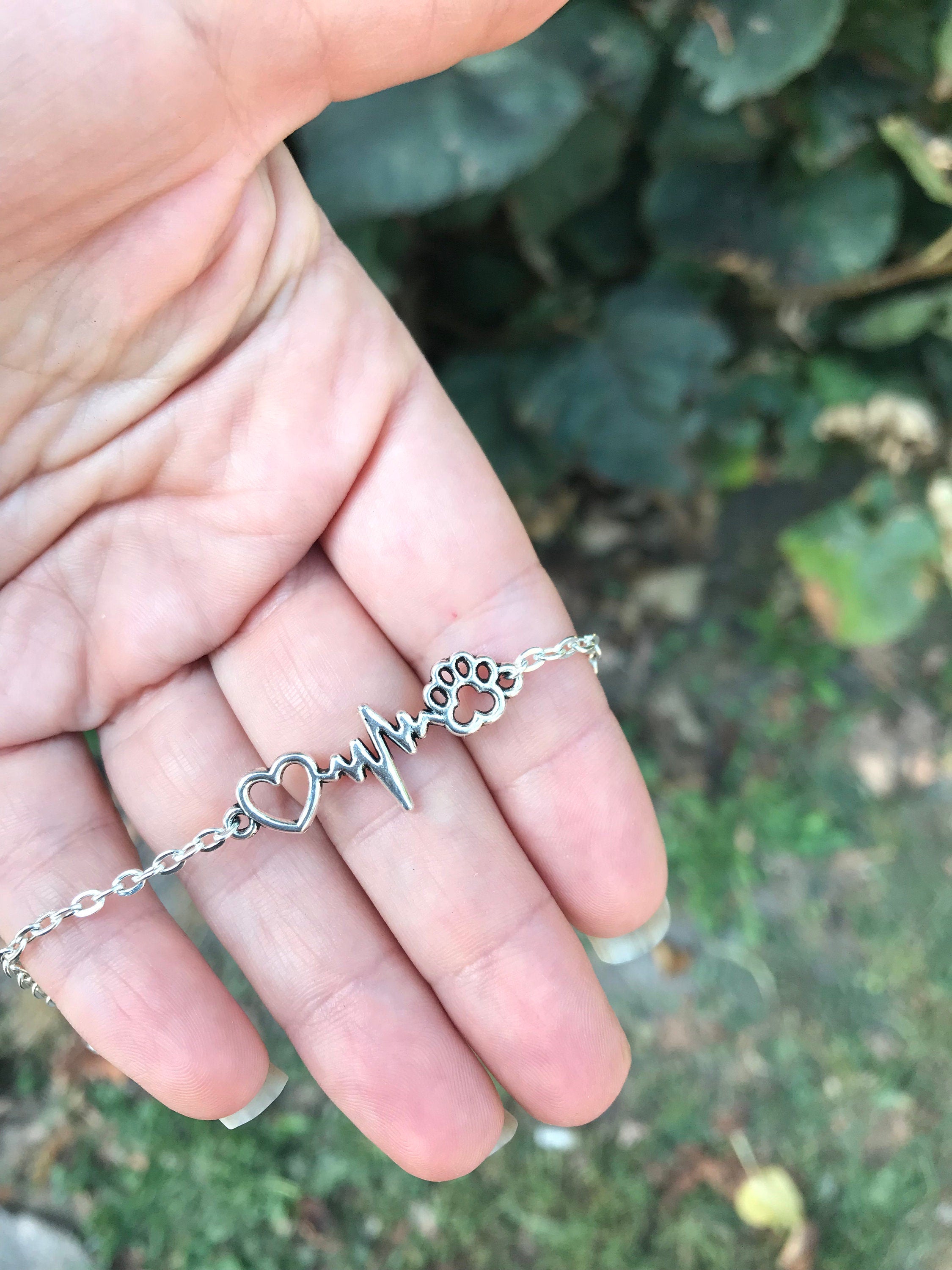 Rustic Dog or Cat Lover bracelet, Silver Pet Paw Heart bar bracelet on chain or  Leather Cord, Unique Thoughtful Gift silver dainty bracelet