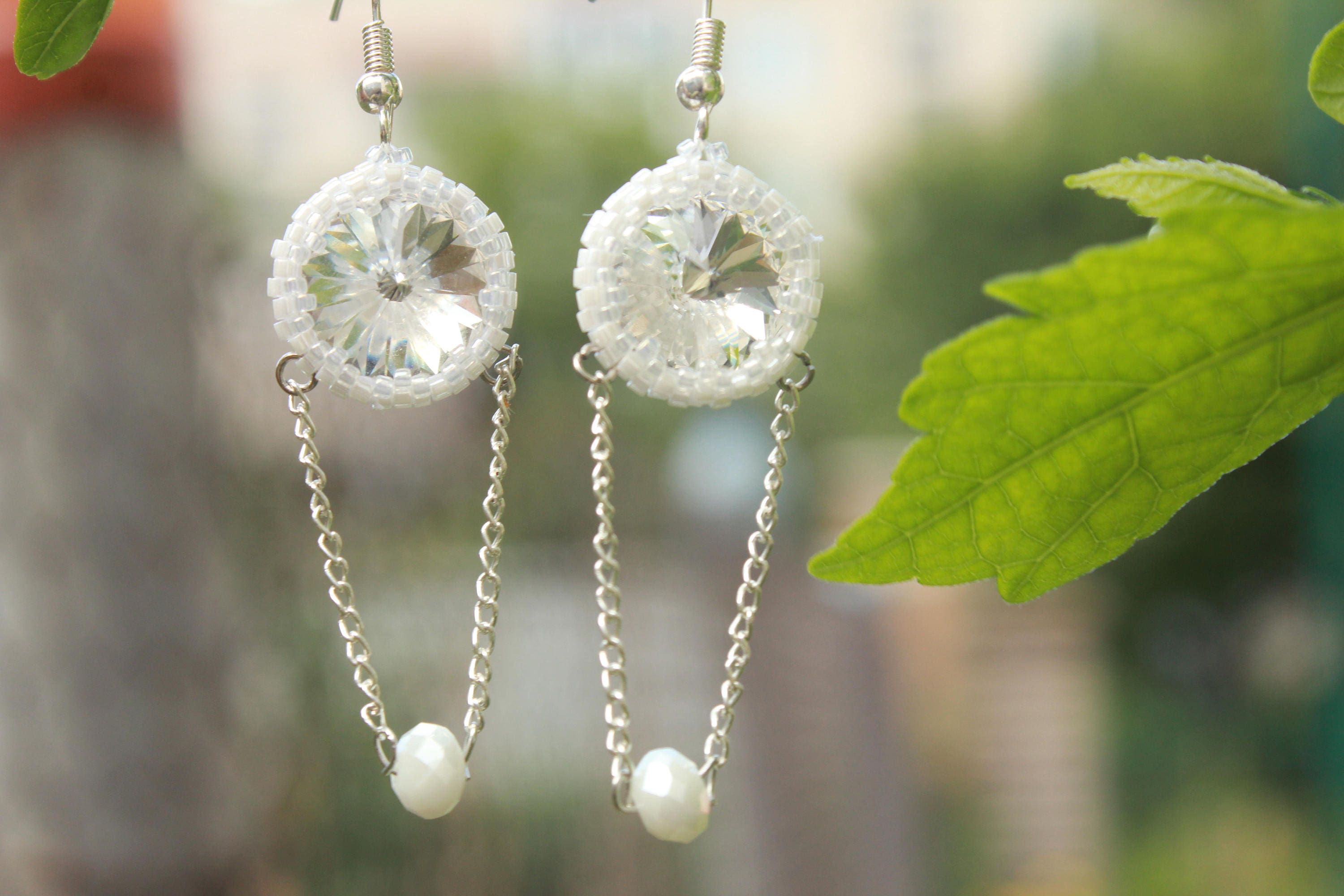swarovski dangle earrings, Silver chain drop earrings gift for her women, Long chandelier bridal earrings, Formal earrings, wedding earrings
