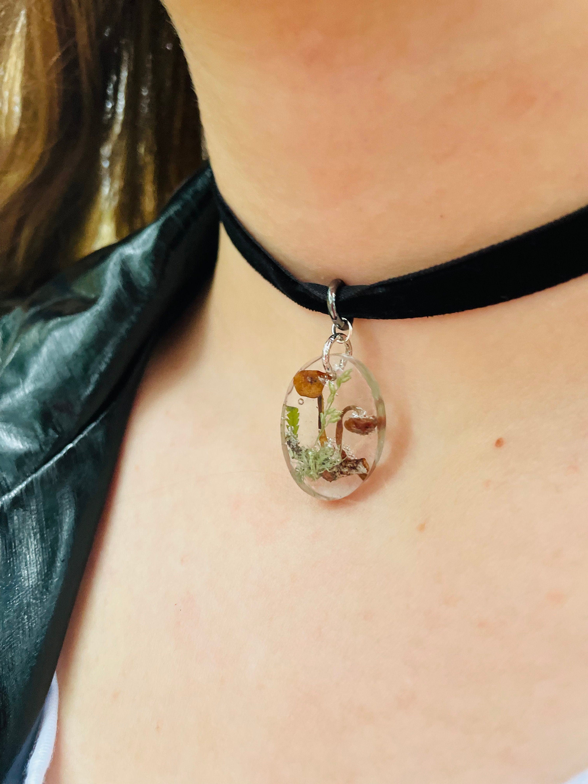 Gothic Mushroom Resin Choker Necklace: Real Moss Fern Velvet Collar