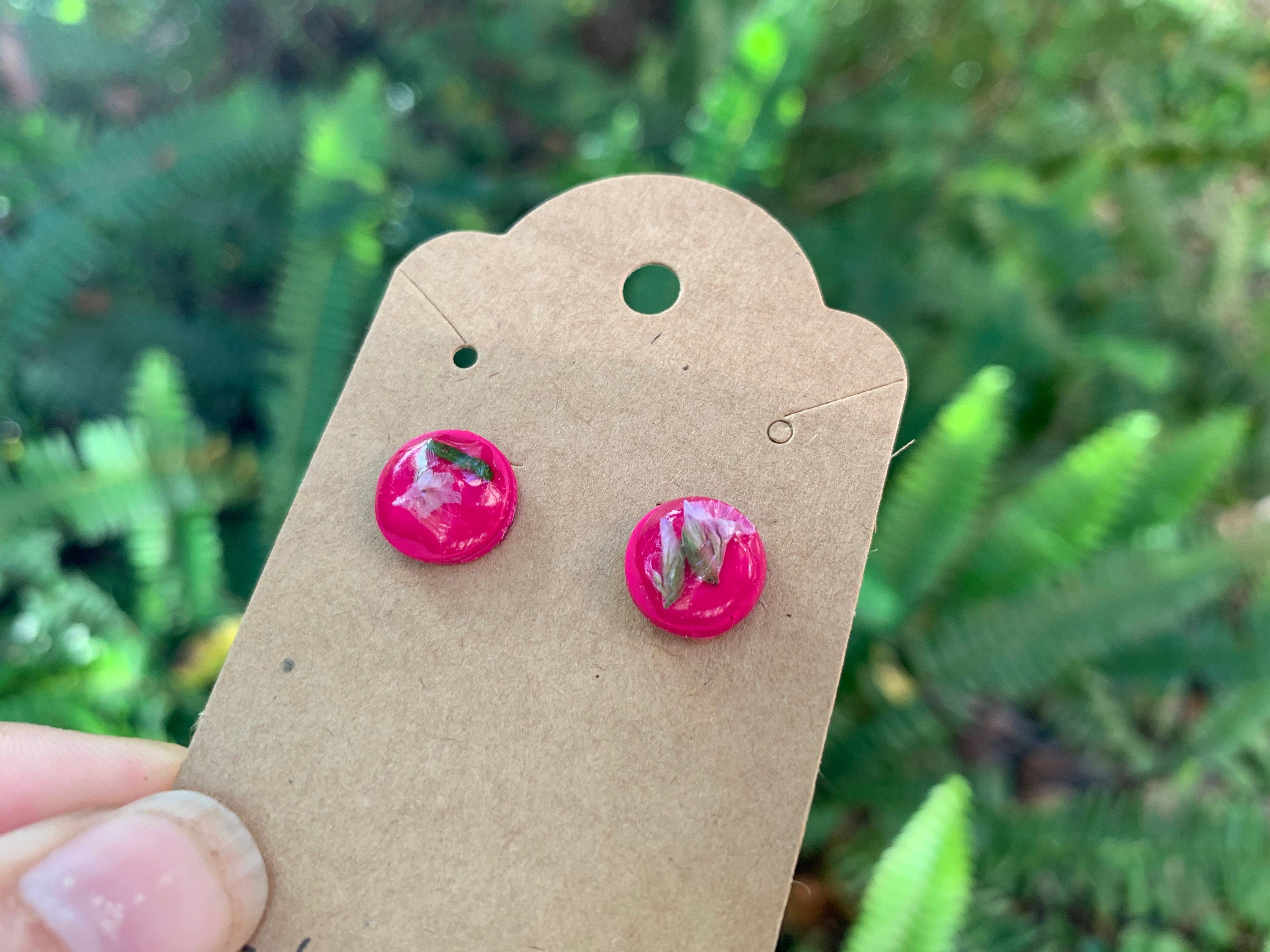Minimalist earrings, Real flower earrings, fern earrings, hot pink polymer and resin clay earrings, pressed flower jewelry, flower girl gift